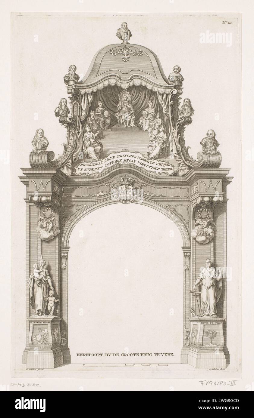 Porta d'onore all'ingresso di Willem V a Veere (n. III), 1766, 1766 - 1767 stampa De Erpoort fondata a De Groet Brug a Veere. In cima una rappresentazione di Willem V sul trono tra sei città-stato della Zelanda. Parte di un gruppo di 10 tavole delle decorazioni a Veere in occasione dell'inaugurazione dello Stadholder Willem V come Markgraaf van Veere, 28 maggio 1766. Numerato in alto a destra: N. III. Incisione/incisione della carta dei Paesi Bassi settentrionali arco trionfale Veere Foto Stock