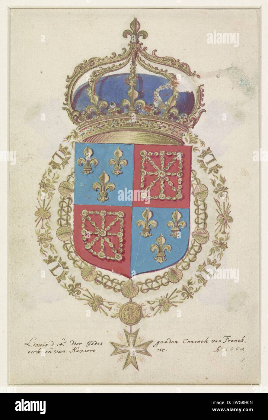 Stemma di Luigi XIV, re di Francia, anonimo, carta da disegno del 1668. acquerello (vernice). cuscinetto araldico a penna/spazzola Foto Stock