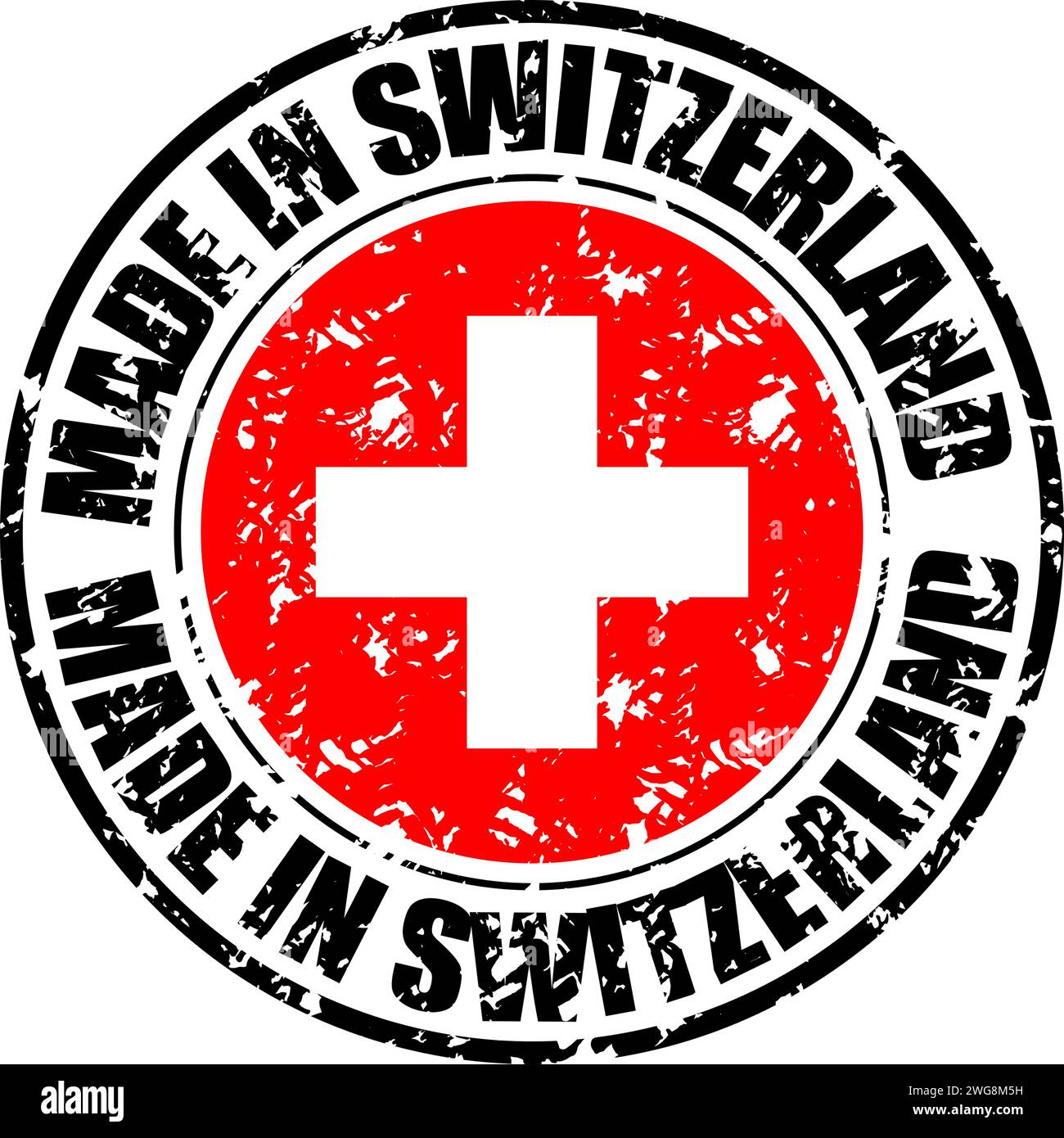 Stampa del timbro di gomma realizzato in svizzera. Vettore di insegne adesive, illustrazione del simbolo di garanzia, banner con etichetta, esportazione filigrana, swi del paese Illustrazione Vettoriale