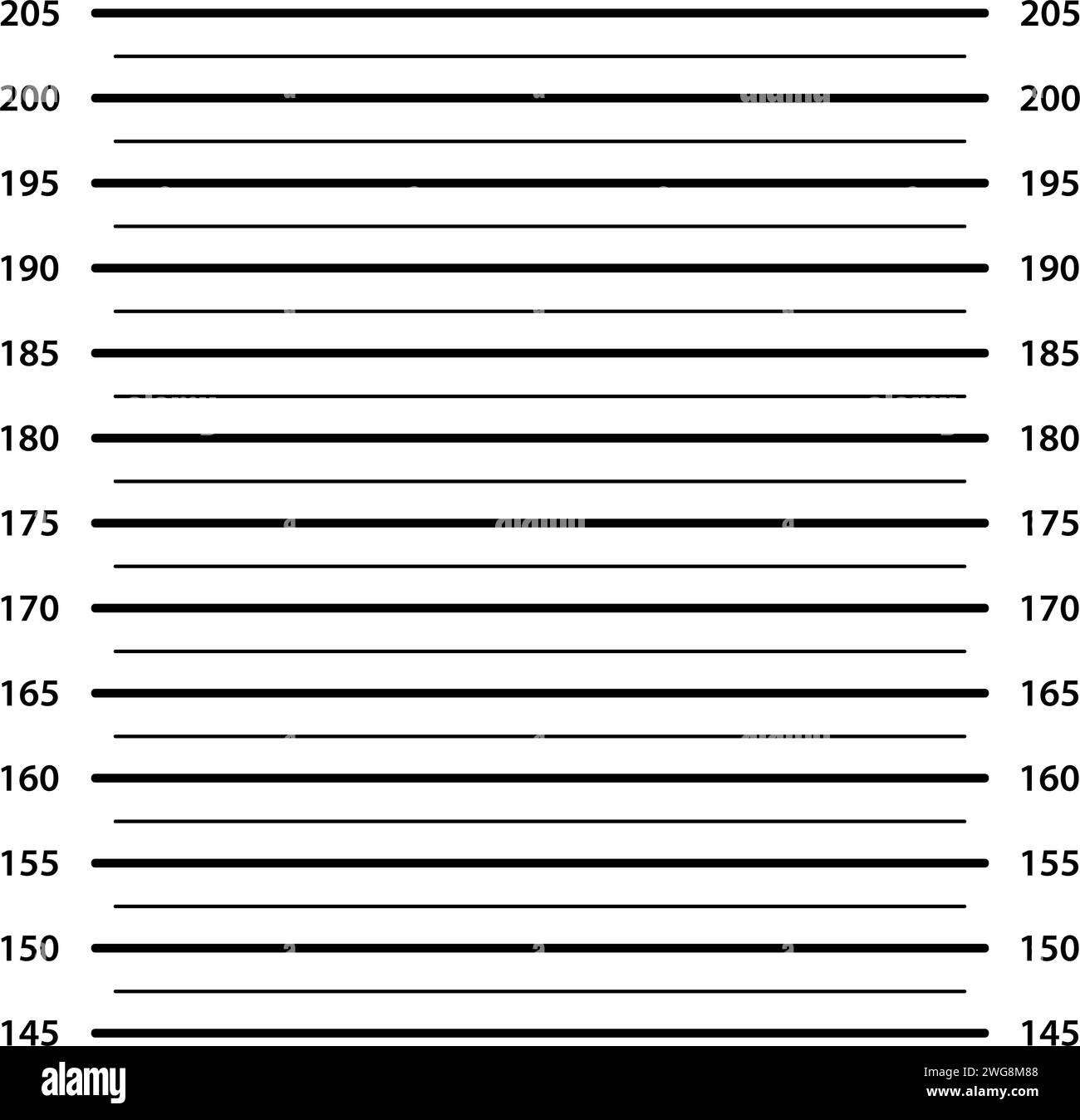 Foto zone con scala centimetrica. Vettore di identificazione da parte della polizia, sospettato di prigione, linea di prigioni, ritratto grafico ricercato, muro per foto Illustrazione Vettoriale