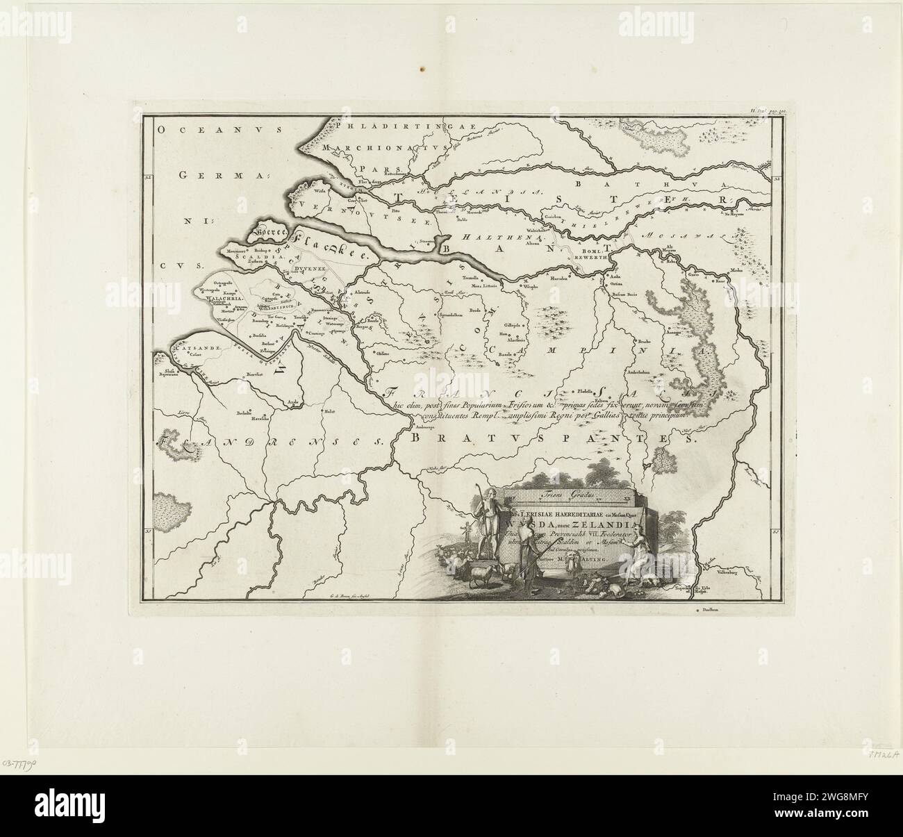 Mappa storica dei Paesi Bassi con le aree dei Batavi e dei Frisoni, 1695 - 1700 Stampa Mappa dei Paesi Bassi meridionali. Fa parte di 16 carte provenienti dalla terra dei Batavi e dei Frisoni realizzate e registrate per la prima volta in M. alto, Descriptio Ant. Agri Batavi et Frisii, S. Notitia Germ. Def., 2 parti, 1697-1700. Riutilizzato in F. Halma, Tooneel der Vereenigde Nederlanden e sostanziali paesaggi, Opented in a General Historical, genealogical, Geographical and Political Dictionary, 2 parti, 1725. Secondo l'iscrizione posta in: Parte II, pag. 292. Mappe di incisione/incisione su carta di Amsterdam del mese di settembre Foto Stock