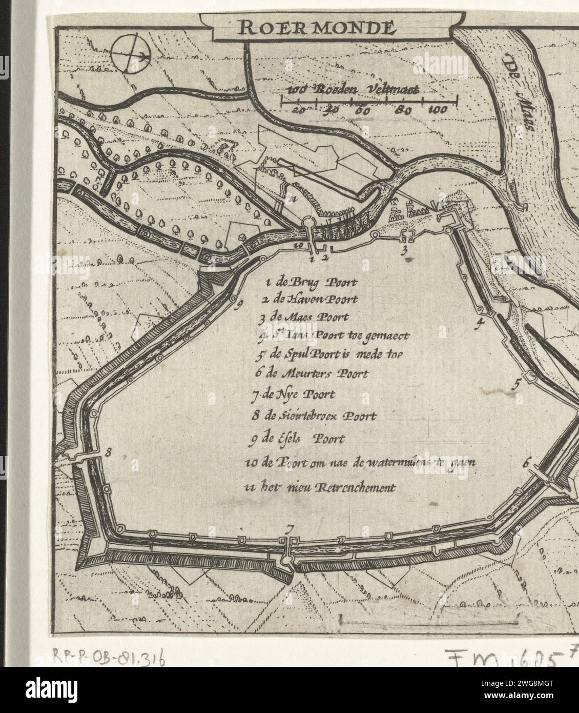 Mappa di Roermond, 1631-1632, 1632 - 1649 Stampa mappa di Roermond. Con legenda 1-11. Parte di un gruppo di mappe di città, forti e dighe nel Brabante conquistate dall'esercito statale sotto Frederik Hendrik negli anni 1631-1632. Carta dei Paesi Bassi settentrionali con incisioni di mappe delle città di Roermond Foto Stock