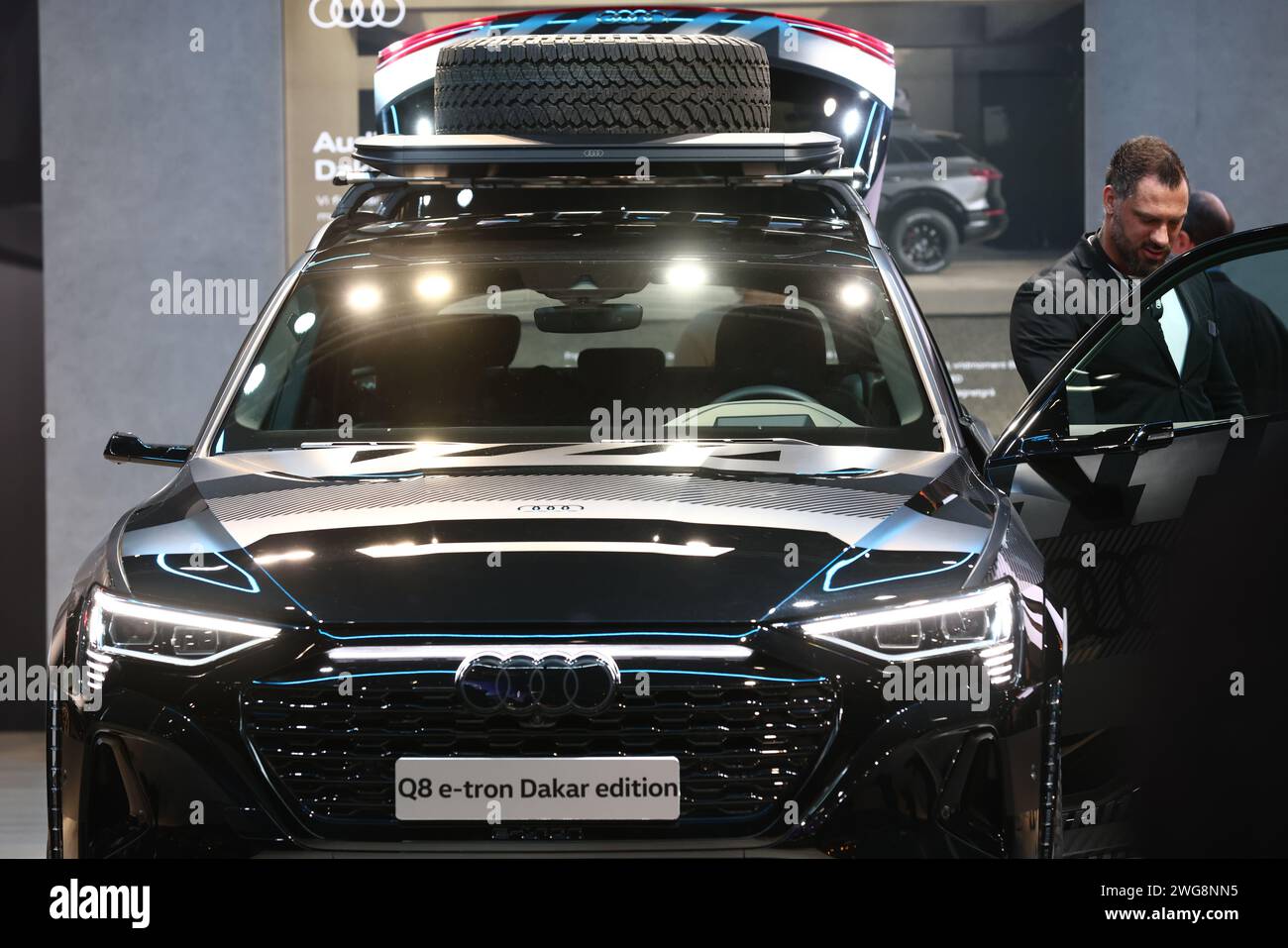 Audi Q8 edizione e-tron Dakar durante la proiezione stampa di venerdì durante la più grande fiera europea delle auto elettriche, eCarExpo, presso l'arena Friends di Stoccolma, Svezia. Foto Stock