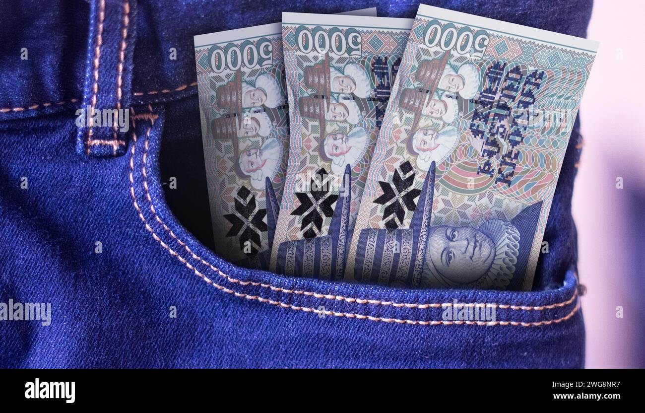 Mazzo di banconote islandesi in una tasca di jeans un concetto di spesa Foto Stock