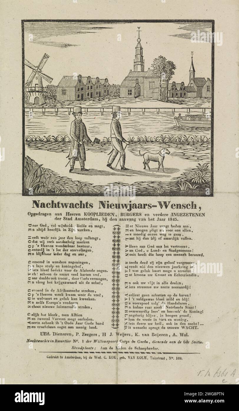 Desiderio di Capodanno da Amsterdam Night Watch per l'anno 1845, Dirk Wijbrand Tollenaar, 1844 - 1845 stampa il desiderio di Capodanno da Amsterdam Night Watch (Ratelwacht) per l'anno 1845. Due membri della Night Watch Walk con un cricchetto e un cane lungo il Vaart vicino a Sloterdijk. Con un verso in due colonne. A nome della Guardia di notte in Kwartier No. 1 del corpo di guardia di Willemspoort de Garde, che serve nella vi sezione: P. Zeegers, H.J. Weijers, K. van Beijeren e A. Wol. Tipografia: Netherlandsprinter: Amsterdam paper letterpress Printing Night Patrol. via Amsterdam. Sloterdijk. Haarlemmer Foto Stock