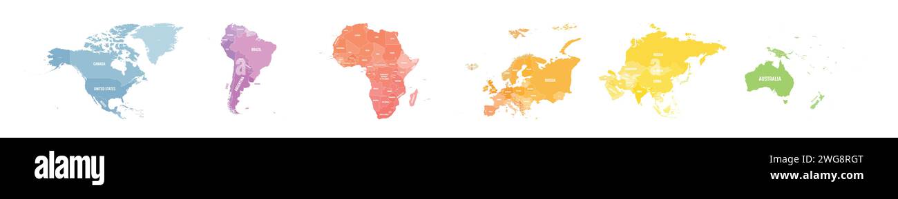 Set di sei mappe continentali del mondo in una fila: Nord America, Sud America, Africa, Europa, Asia e Australia. Mappa vettoriale piatta con etichette dei nomi dei paesi Illustrazione Vettoriale