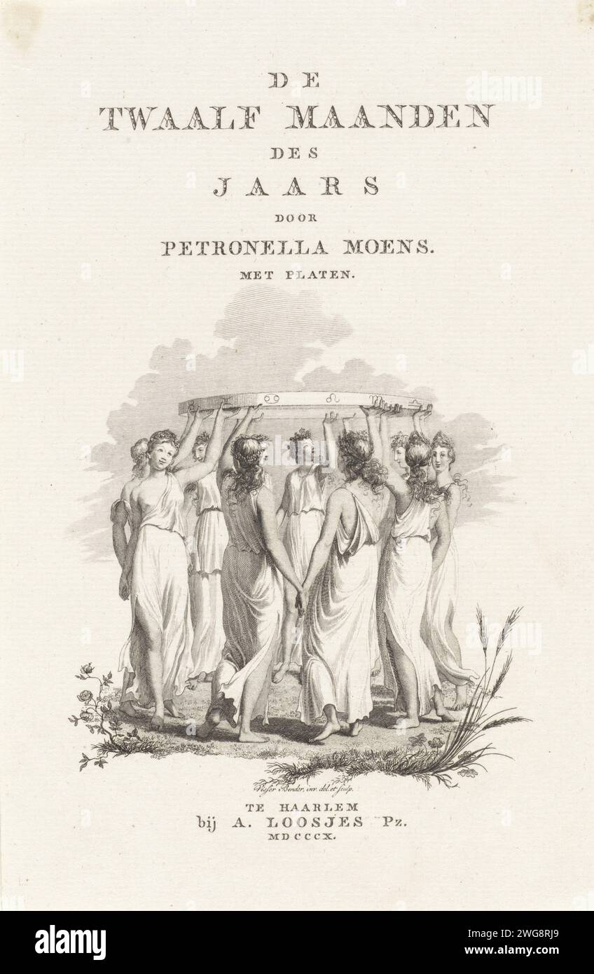 Le donne con i simboli dello zodiaco, Joannes Pieter Visser Bender, stampa 1810 le donne con abiti classici indossano un cerchio con i simboli dello zodiaco. Haarlem carta incisione/incisione zodiaco; i dodici segni zodiacali insieme. adolescente, giovane donna, fanciulla Foto Stock