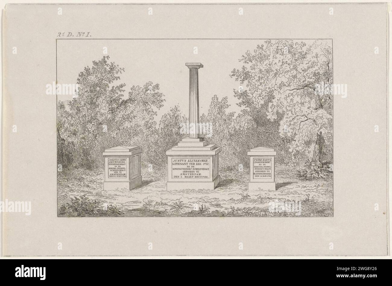 Monumenti tombali per Klinkhamer, Kreijenburg e Hartz, 1830, Anonimo, 1838 - 1840 stampa Kerkhof a Vlissingen con i tre monumenti tombali per Justus Klinkhamer, Johannes Clemz. Kreijenburg (o Kryenburg) e Peter Hartz. Tutti i soldati olandesi morirono nella Marina durante o dopo il bombardamento di Anversa il 27 ottobre 1830. Il monumento per Klinkhamer sotto forma di colonna su un piedistallo. Contrassegnato in alto a sinistra: 2° D. N. I. Tomba di incisione di carta olandese, Flushing tomba Foto Stock