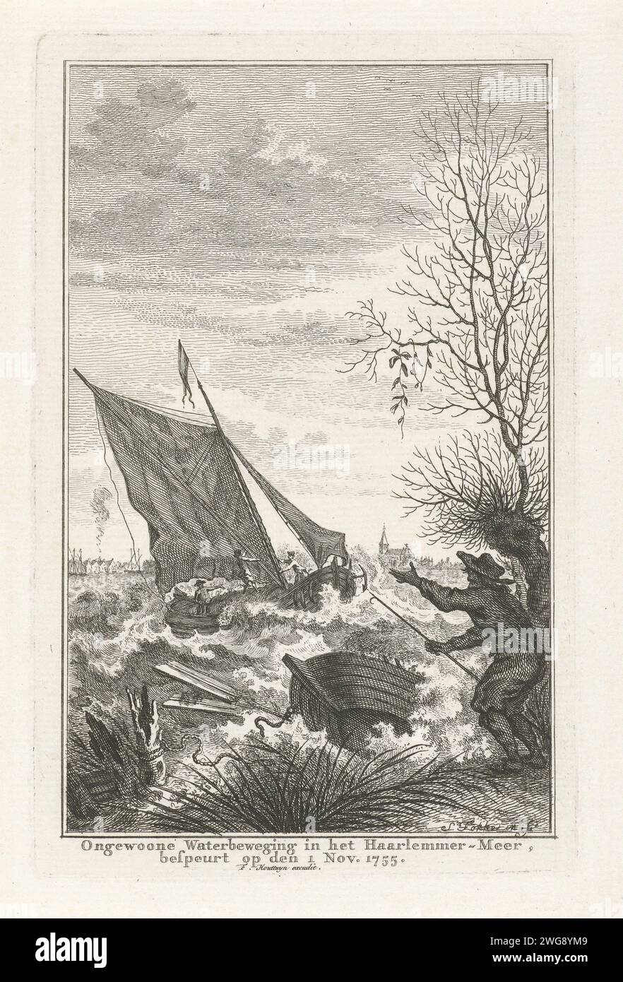 Turbulent Water in the Haarlemmermeer, 1755, 1755 stampano acqua insolitamente turbolenta, durante il tempo tranquillo, a Haarlemmermeer il 1° novembre 1755. Sulle barche d'acqua bisognose, un uomo guarda la banca. Fenomeni meteorologici di incisione/incisione della carta dei Paesi Bassi settentrionali Haarlemmermeer Foto Stock