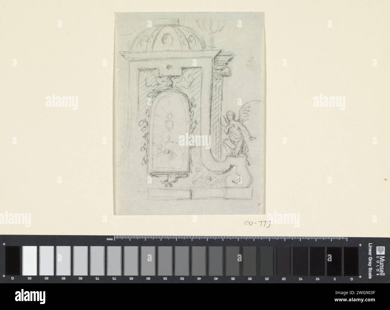 Tabernacolo con angelo, anonimo, 1750 - 1800 disegno disegno per un tabernacolo con calice con ospite e angelo a destra. carta. tabernacolo di gesso  altare. angeli Foto Stock