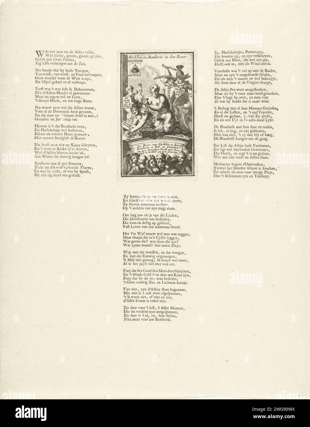 Mercurio sveglio, stampa 1720, 1720 mercurio si risveglia sul pavimento, un diavolo con un sacco di soldi è seduto sulla schiena. Con il presente, vari astanti sulla fornitura e sul background. Sulla sinistra, l'insegna della locanda si chiama Action Koolpot. Nello spettacolo un verso di quattro righe e iscrizioni multiple in olandese. Stampato su una lamella più grande tra 3 versi ciascuno con 7 giunti di 4 linee. Stampa 50 nella serie la grande scena di follia con cartoni animati sul commercio eolico o di azione del 1720. Acquaforte/incisione/stampa tipografica nei Paesi Bassi del Nord panico finanziario Foto Stock