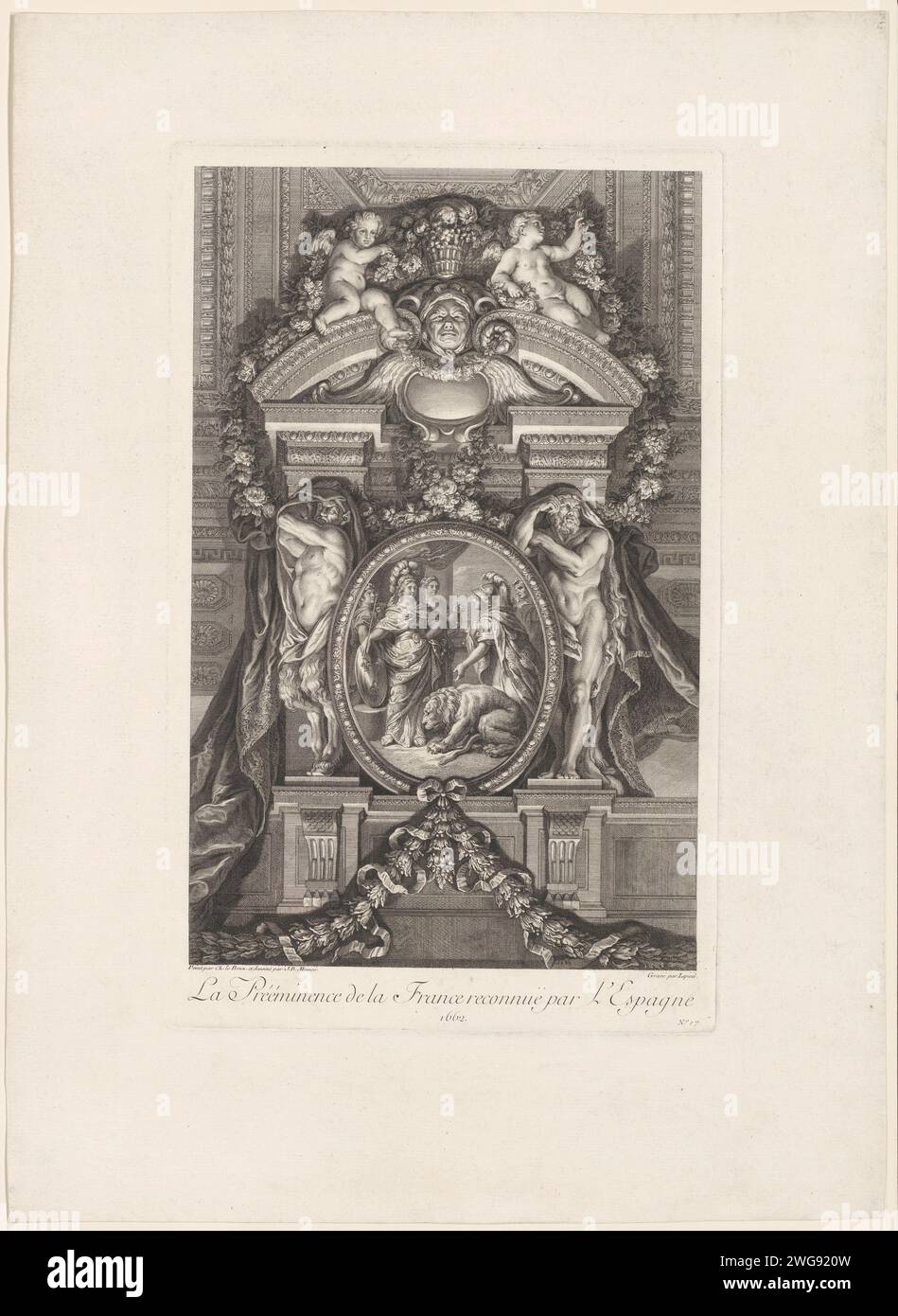 Ceilingschilding in di Spiegelzaal van Kasteel Versailles, Bernard Francois Lépicié, dopo Charles le Brun, dopo Jean Baptiste Massé, 1752 tipografia: Franceafter dipinto di: Spiegelzaalafter disegno di: Paris paper etching / incisione bestie di preda, animali predatori: lion. Ornamenti ~ Art Mirror Foto Stock