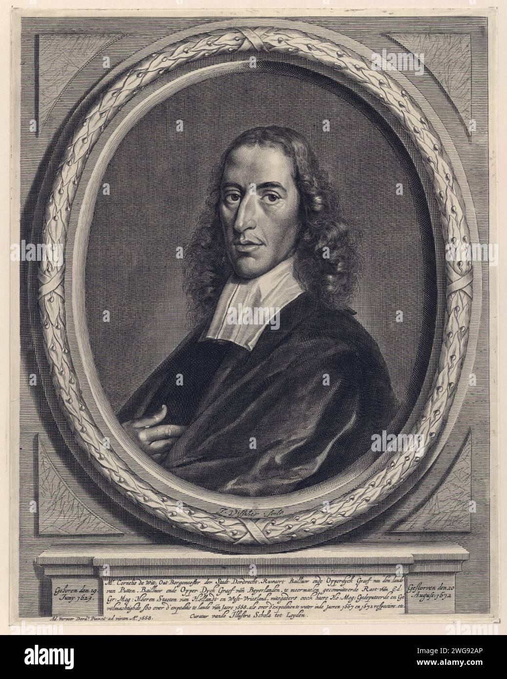 Ritratto di Cornelis de Witt, Jan de Visscher, dopo Ary Huybertsz. Verveer, 1672 - 1712 stampa Ritratto di Cornelis de Witt, in un ovale. Una didascalia olandese sotto il ritratto. Incisione di carta olandese di persone storiche. governatore, ecc. della provincia Foto Stock