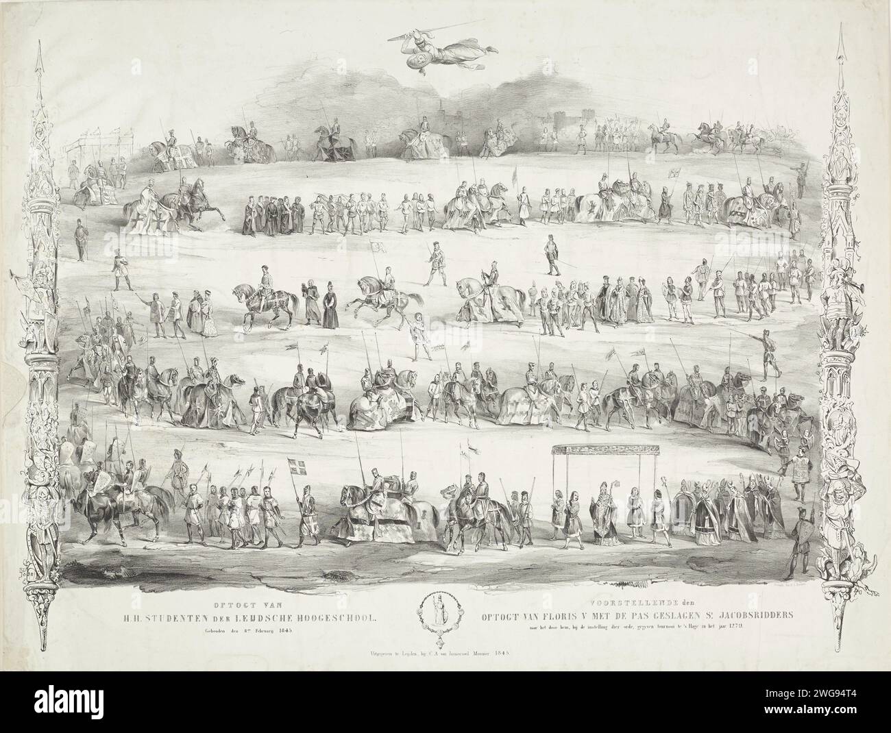Optogt degli studenti H.H. della Leijdensche Hoogeschool. Si è tenuto l'8 febbraio 1845. Proponendo l'Optogt van Floris V con la recentemente battuta St Jacobs Knights al torneo nell'istituzione, dato dall'istituzione, dato in 's Hage nell'anno 1279, 1845 stampa storicamente in costume sfilata dagli studenti dell'Università di Scienze applicate di Leida l'8 febbraio 1845, per celebrare il 270 ° anniversario dell'università. Il soggetto della storica sfilata e mascherata è la processione del conte Floris V con la chiesa di San Cavalieri Jacobs a l'Aia nel 1279. A sinistra e a destra due colonne con Foto Stock