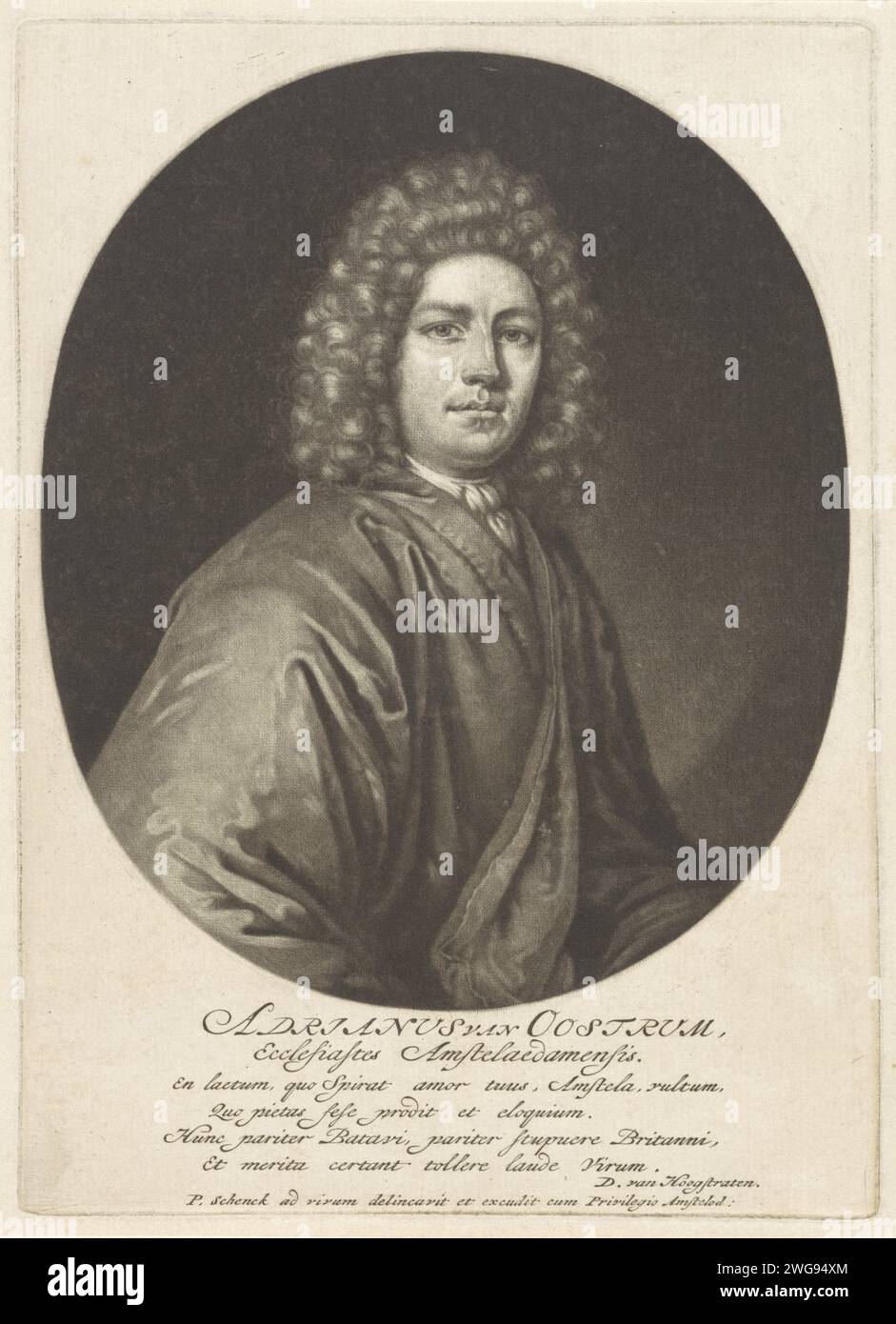 Ritratto del pastore Adriaan van Oostrum, Pieter Schenk (i), 1670 - 1713 stampa Amsterdam carta incisione parrucca Foto Stock