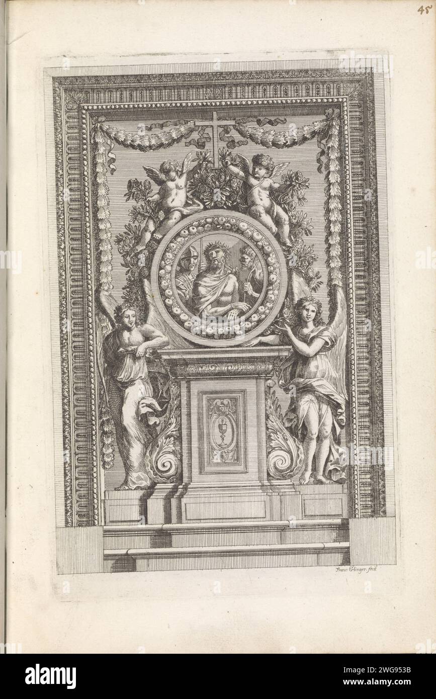 Tabernacolo con spine, c. 1658 - 1678 stampa Tabernacolo con medaglione di Cristo con la corona sulla testa tra due soldati. La stampa fa parte di un album. Carta di Anversa che incide l'incoronazione con spine: Soldati con bastoni pongono una corona spinosa sulla testa di Cristo e gli danno una canna (Matteo 27:27-31; Marco 15:16-20; Giovanni 19:2-3). tabernacolo  altare. calice che porta l'host Foto Stock