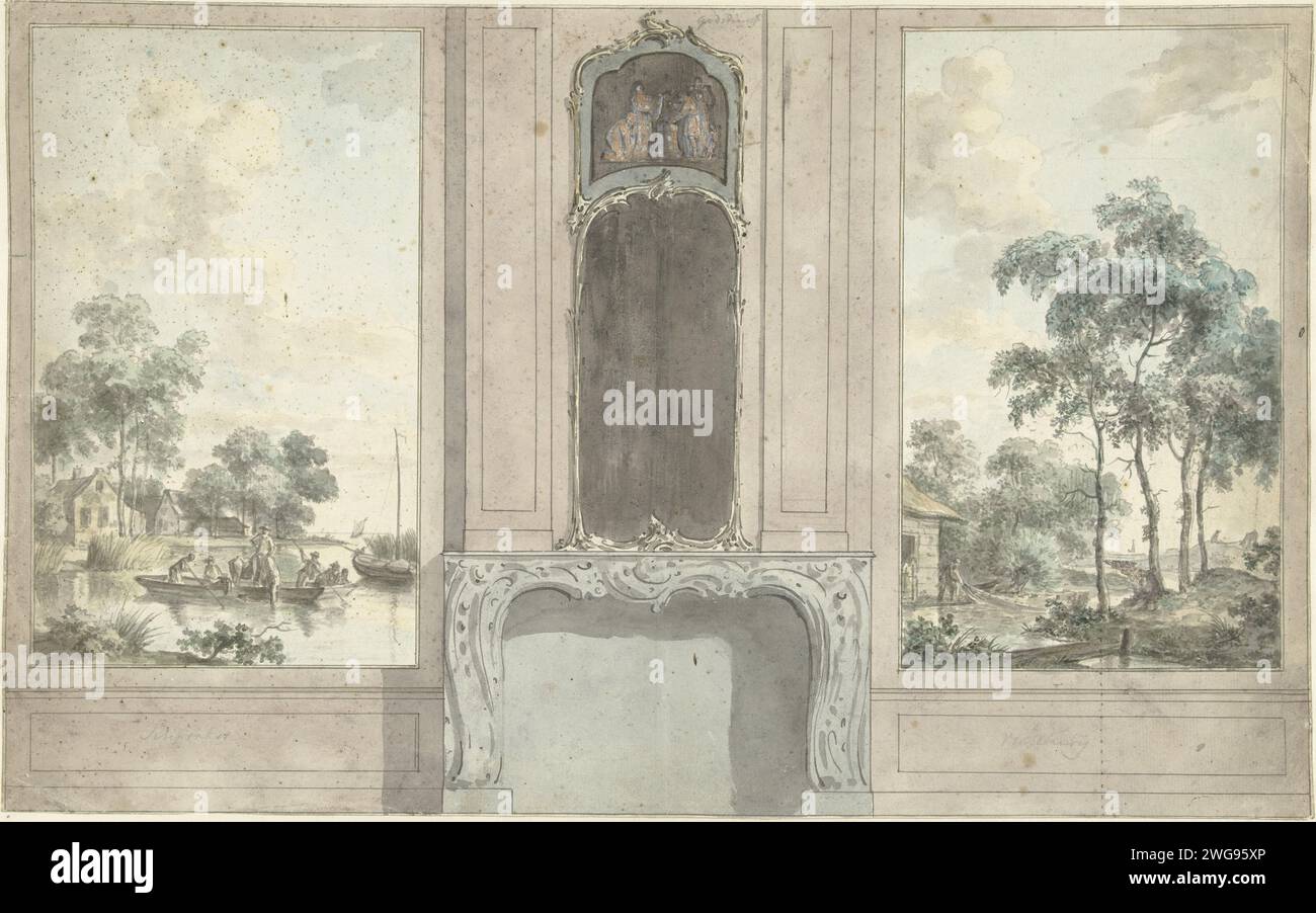 Design per una parete della stanza con Schouw, Jurriaan Andriessen, 1752 - 1819 disegno disegno per un dipinto. carta. inchiostro. acquerello (vernice). pennello a matita/rivestimento per penne. pesca marittima e costiera Foto Stock