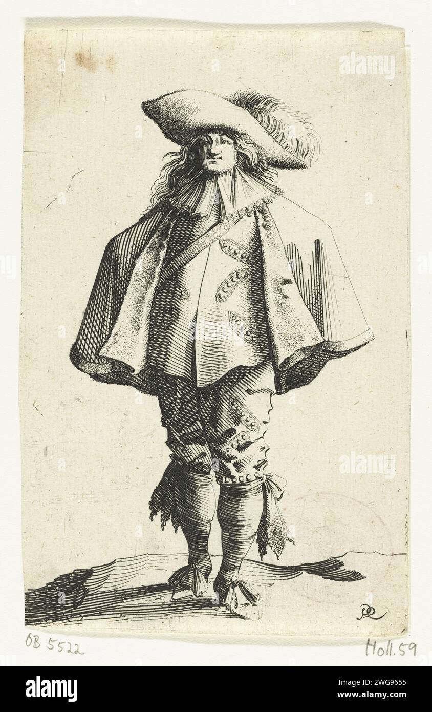 Standing Cavalier with Cape and Pluimed Hat, Salomon Savery, dopo Pieter Jansz Quast, 1633 - 1665 la stampa fa parte di una serie di dieci stampe con esibizioni di cavalieri e donne benestanti, vestite secondo la moda olandese ca. 1625-1630. Abiti per incisione/incisione di carta di Amsterdam, costume (+ abiti da uomo). guerra; affari militari (+ cavalleria, cavalieri) Foto Stock