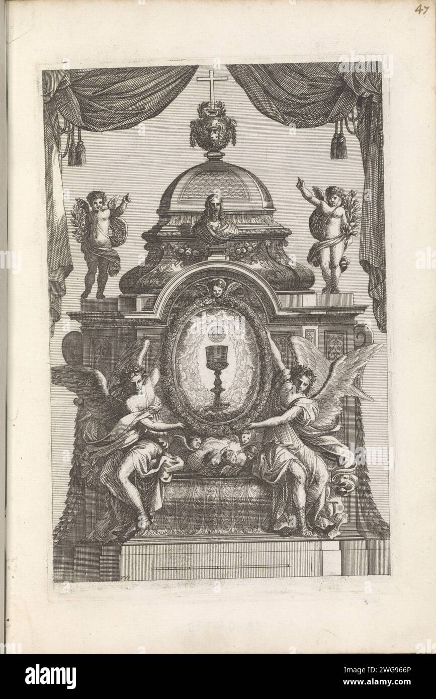 Tabernacolo con medaglione con calice e ospite, c. 1658 - 1678 stampa Tabernacolo con due angeli che mostrano un medaglione con calice e ospizio. Sull'architraaf un busto cristiano. La stampa fa parte di un album. Calice per incidere la carta di Anversa che reca l'host. tabernacolo  altare Foto Stock