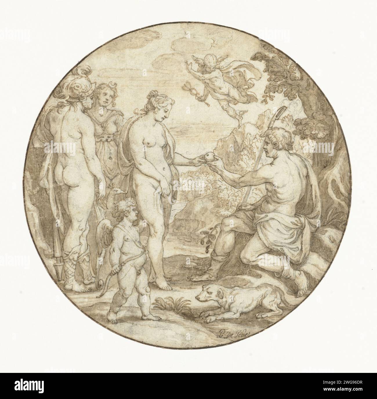 The Judgment of Paris, Pieter de Jode (i), 1580 - 1634 disegno possibile per una stampa. carta. vernice del ponte. grafite (minerale). inchiostro. Penna a gesso / pennello il giudizio di Parigi (mercurio presente) Foto Stock
