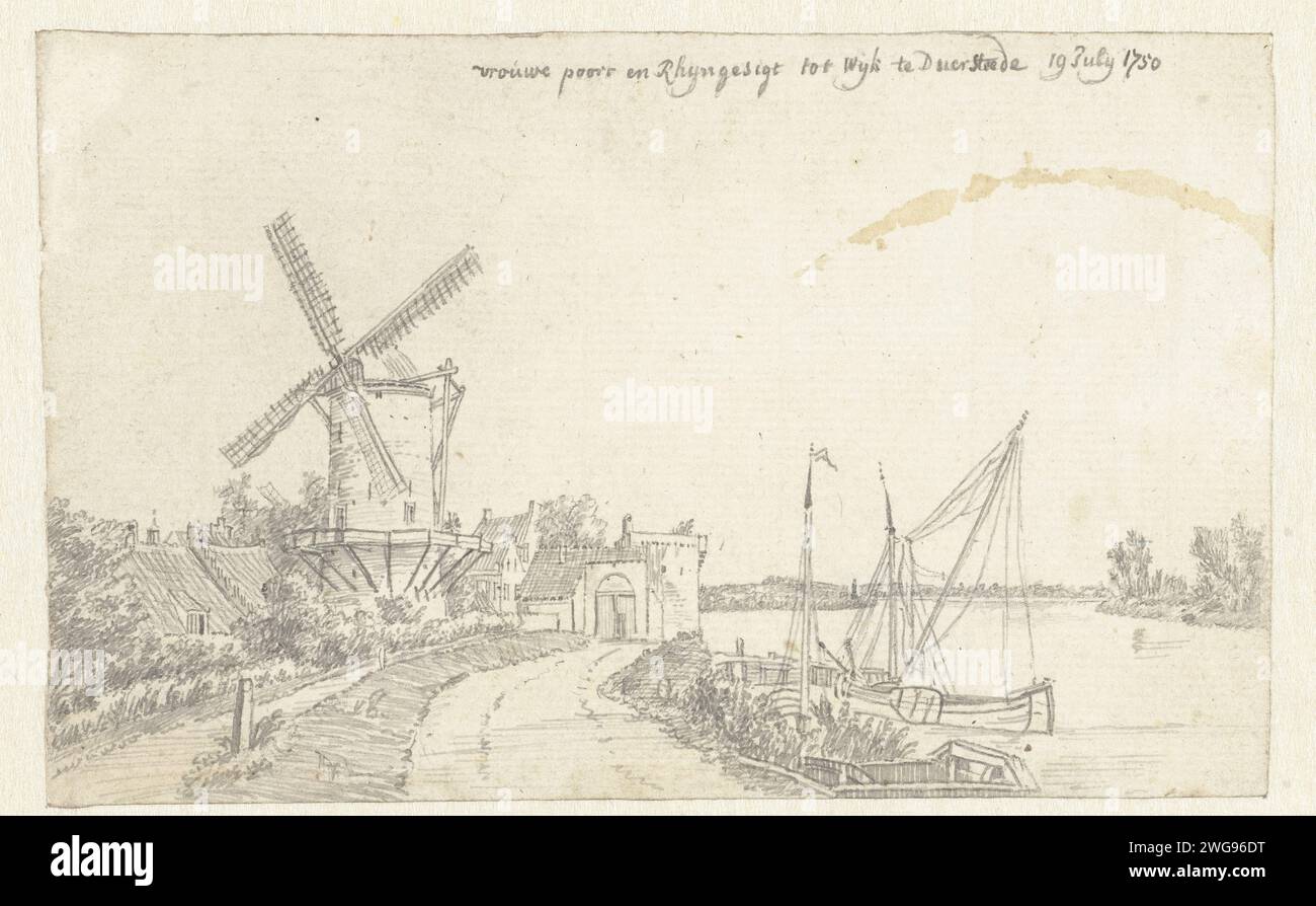 Wijk bij Duurstede, Jan de Beijer, carta da disegno 1750. penna a inchiostro prospettica la città, il panorama cittadino, la sagoma della città. Mulino a vento Wijk bij Duurstede Foto Stock