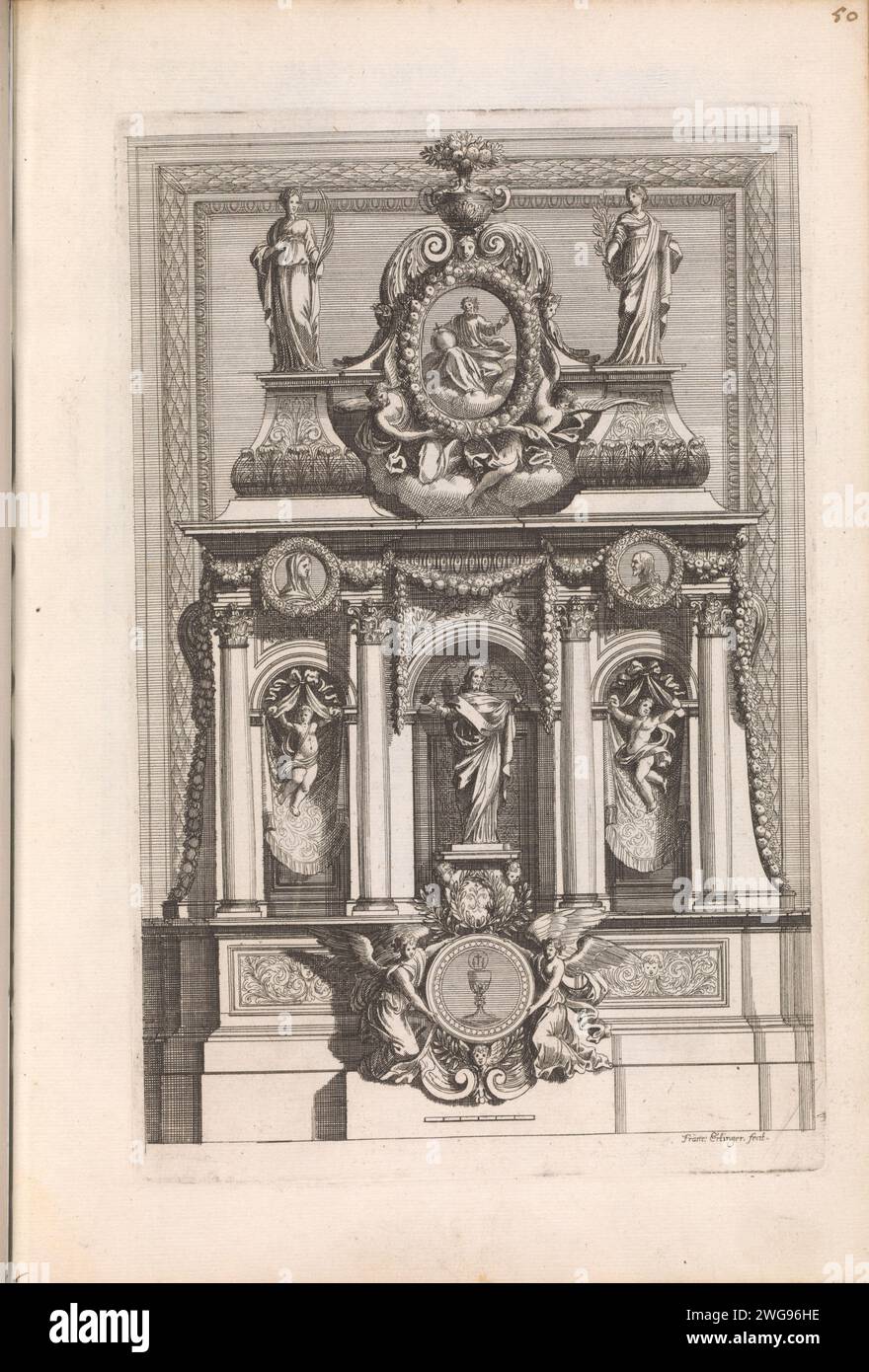 Tabernacolo con una statua di Cristo, 1658 - 1678 circa stampa Tabernacolo a forma di arco trionfale con una statua centrale di Cristo. La stampa fa parte di un album. Calice per incidere la carta di Anversa che reca l'host. tabernacolo  altare Foto Stock