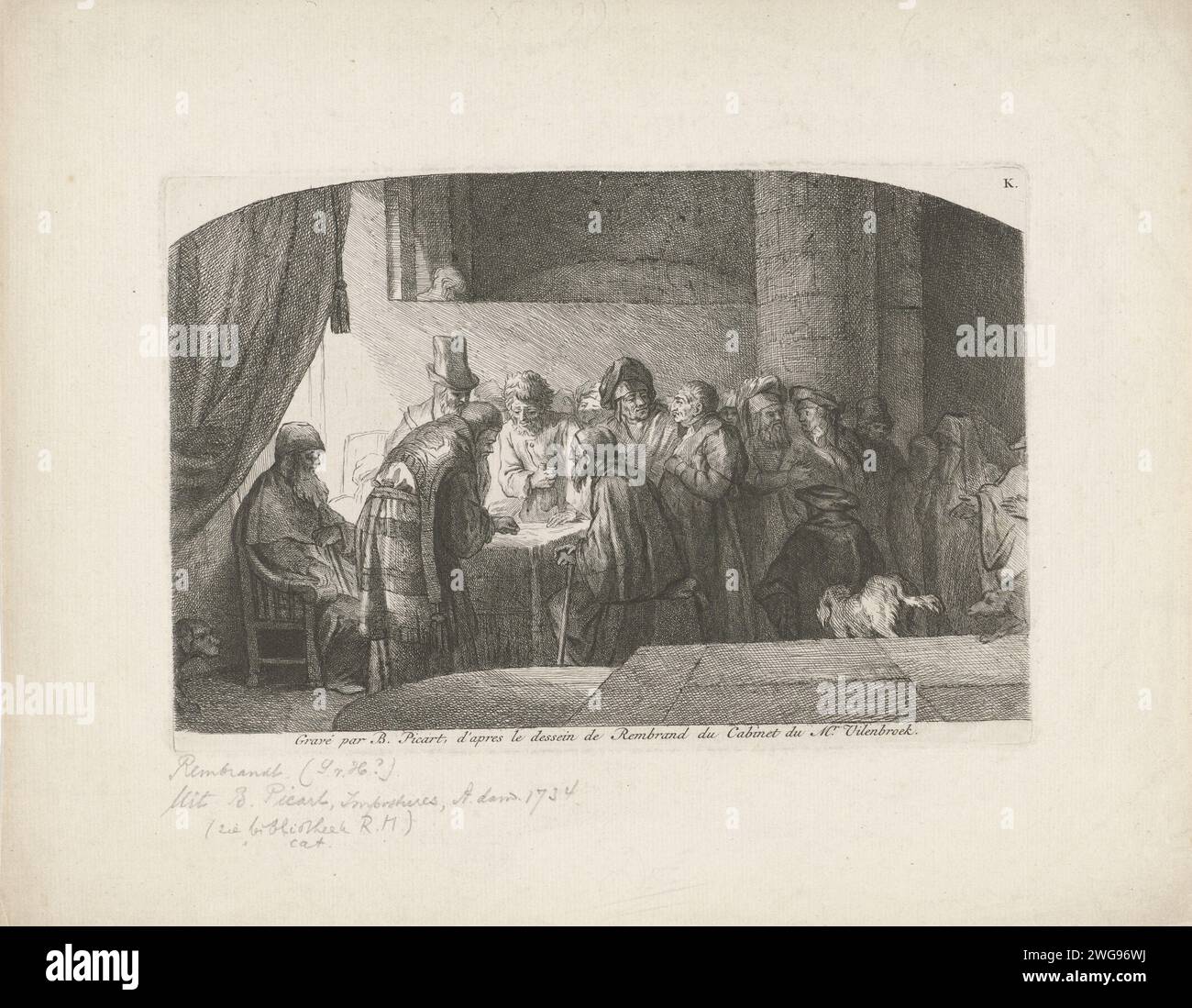 Giuda riceve pezzi d'argento per il suo tradimento, Bernard Picart, dopo Rembrandt van Rijn, 1710 - 1733 stampa Giuda Iskariota visita i sommi sacerdoti che vogliono imprigionare Cristo. Gli pagano trenta pezzi d'argento per il suo tradimento. La carta di Amsterdam che incide Giuda esce ai sommi sacerdoti, tradisce Cristo e riceve la ricompensa (Matteo 26:14-16; Marco 14:10-11; Luca 22:4-6) Foto Stock