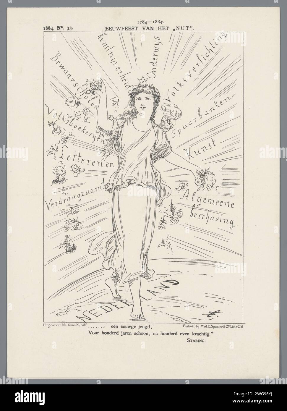 Giubileo della società Tot Nut van 't General, 1784-1884, 1884 stampa centenario della società Tot Nut van 't General, 1784-1884. Plaat è apparso al Weekblad De Nederlandsche Spectator, no 33, 1884. Tipografia: Netherlandsprinter: Netherlandspublisher: La carta dell'Aia Foto Stock