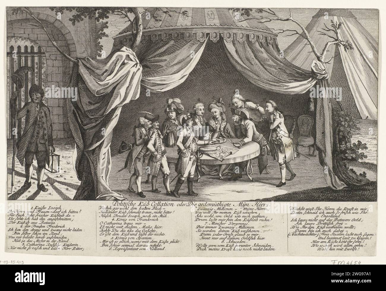 Cartoni del Trattato di Fontainebleau, 1785, Anonimo, 1785 - 1786 stampa Cartoon on the Peace CLOSED a Parigi, che pose fine alla guerra di Ketel, le dispute tra i Paesi Bassi e l'imperatore austriaco Jozef II, 8 novembre 1785. I Paesi Bassi pagarono 8,5 milioni di fiorini e accettarono altre condizioni umilianti. In una tenda, l'imperatore Jozef divide un formaggio olandese sotto Frederik van Prussia, Catharina il grande, Luigi XVI e rappresentanti di Svezia, Spagna e Inghilterra. L'olandese si lamenta del suo destino. A sinistra un guardiano notturno con una lanterna che avverte gli altri paesi che possono Foto Stock