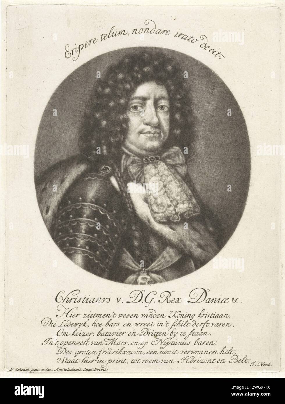 Ritratto di Christiaan V, re di Danimarca e Norvegia, Pieter Schenk (i), 1670 - 1713 stampa Amsterdam incisione su carta Foto Stock