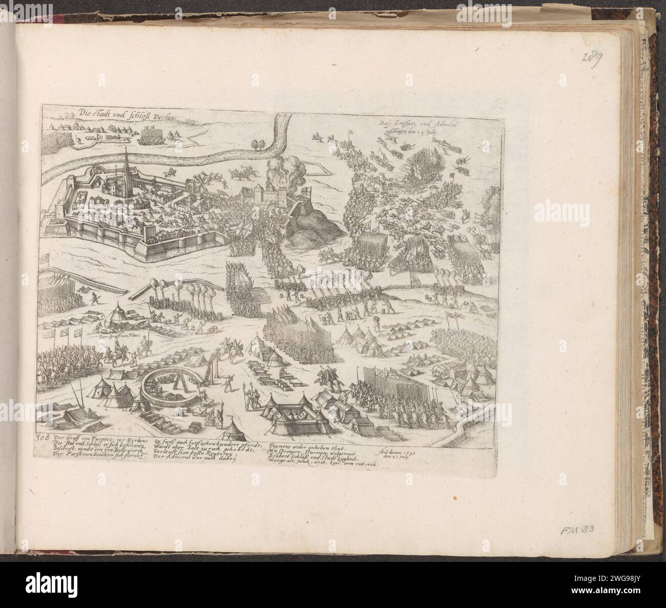 Fuentes conquista Doullens, 1595, 1595 - 1597 stampa il conte spagnolo di Fuentes conquista Doullens sulla somme, 31 luglio 1595. Vista del campo militare delle truppe spagnole. Con didascalia di 12 righe in tedesco. Numerato in basso a sinistra: 308. La stampa fa parte di un album. Carta di Colonia incidere battaglia, combattere in generale Doullens Foto Stock