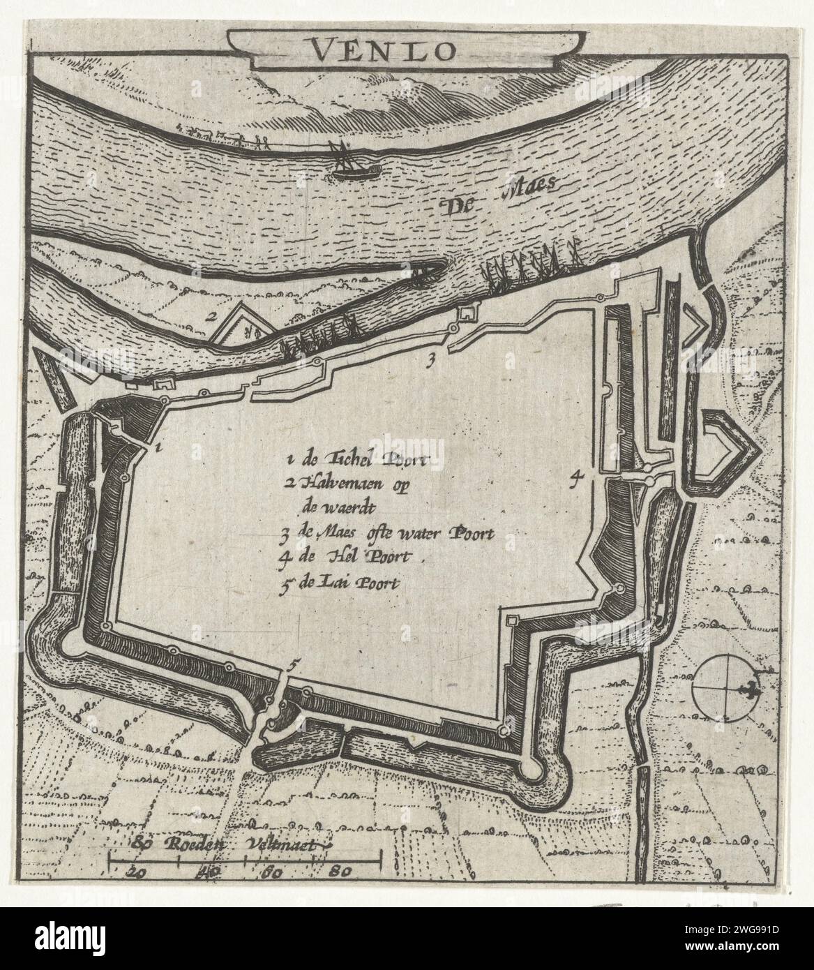 Mappa di Venlo, 1631-1632, 1632 - 1649 Stampa mappa di Venlo. Parte di un gruppo di mappe di città, forti e dighe nel Brabante conquistate dall'esercito statale sotto Frederik Hendrik negli anni 1631-1632. Carta dei Paesi Bassi del Nord incisione mappe delle città di Venlo Foto Stock