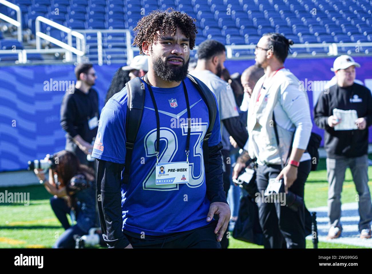 Orlando, Florida, USA, 2 febbraio 2024, Kyren Williams n. 23 dei Los Angeles RAMS durante la sessione di allenamento AFC vs NFC NFL Pro Bowl al Camping World Stadium. (Foto Credit: Marty Jean-Louis/Alamy Live News Foto Stock