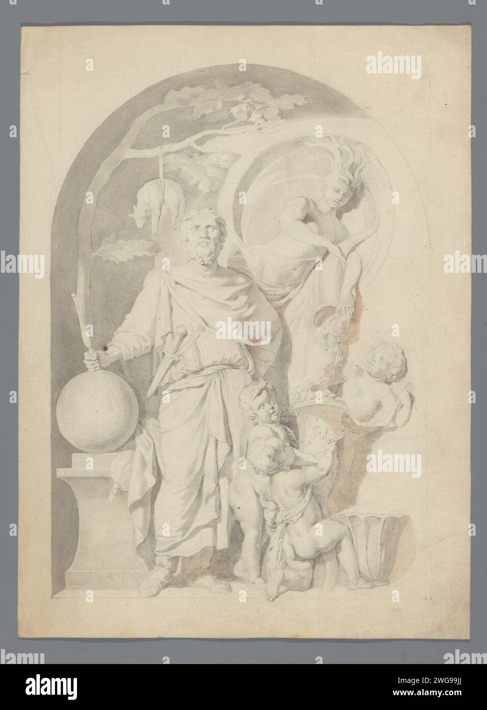 Allegoria sulla ricchezza o abbondanza, Anonimo, dopo Gerard de Lairesse, 1651 - 1761 carta da disegno. Pennello a matita il pile dorato, appeso a un albero di quercia, è così secondo da Jason. Ricchezza, opulenza; "Opulenza", "richezza" (maturo). Abbondanza; "abondanza", "abondanza Maritima" (ripa) Foto Stock