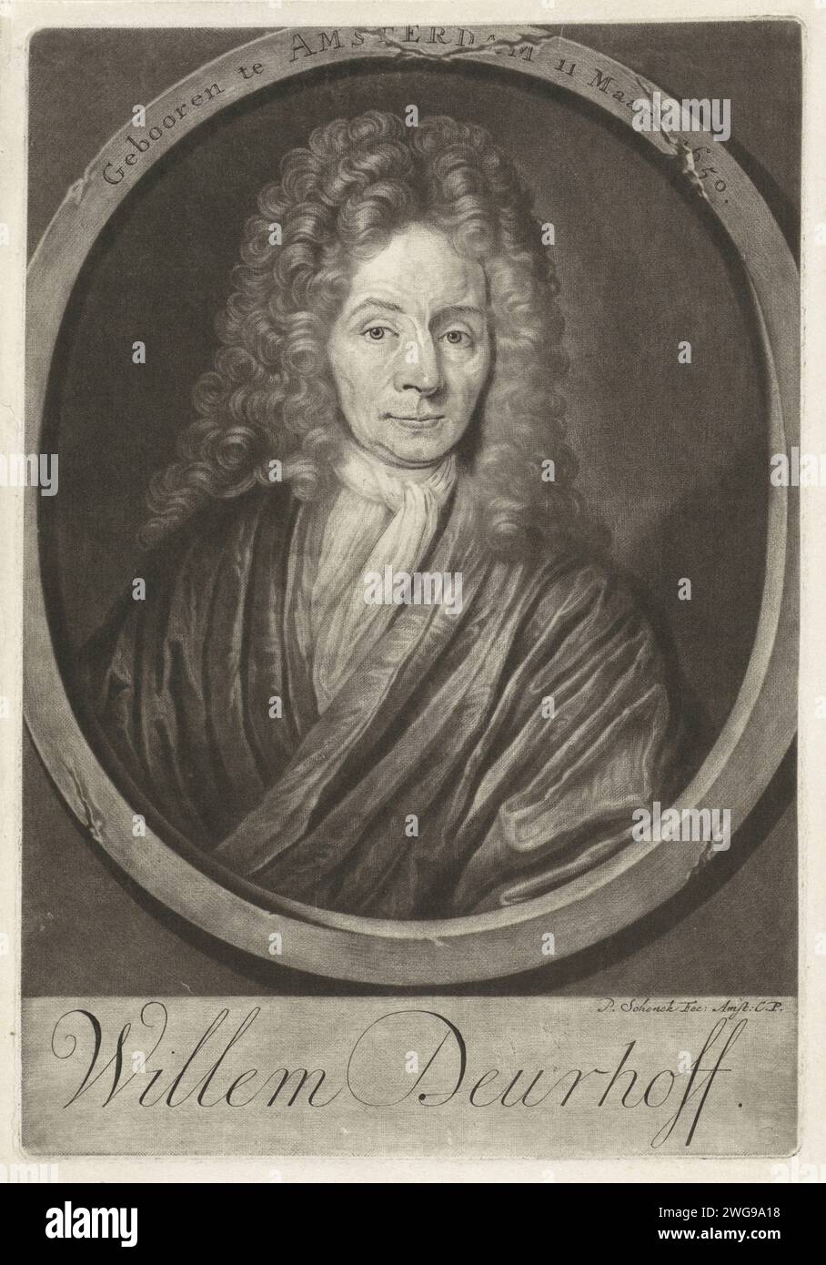 Ritratto di Willem Deurhoff, Pieter Schenk (i), 1680 - 1713 stampa lo scrittore e il creatore di valigie e cesti Willem Deurhoff. Indossa una parrucca. Parrucca per incisione in carta Amsterdam Foto Stock
