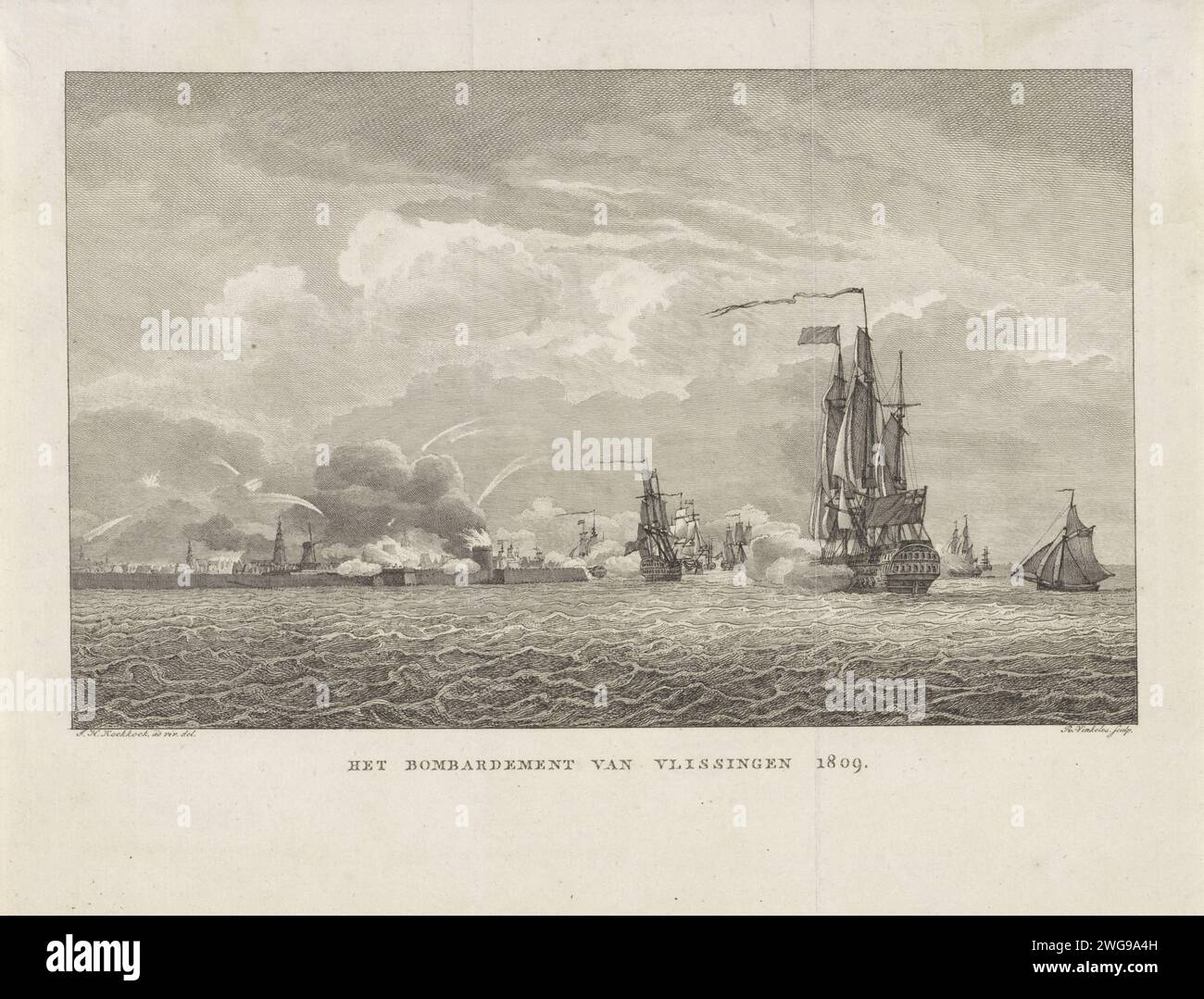 Navi britanniche bombardano Vlissingen, 1809, Reinier Vinkeles (i), dopo Johannes Hermanus Koekkoek, 1809 - 1816 stampa dal mare e dalla terra il bombardamento britannico Vlissingen, 1809. Amsterdam paper etching / incisione battaglia (+ velieri) Flushing Foto Stock