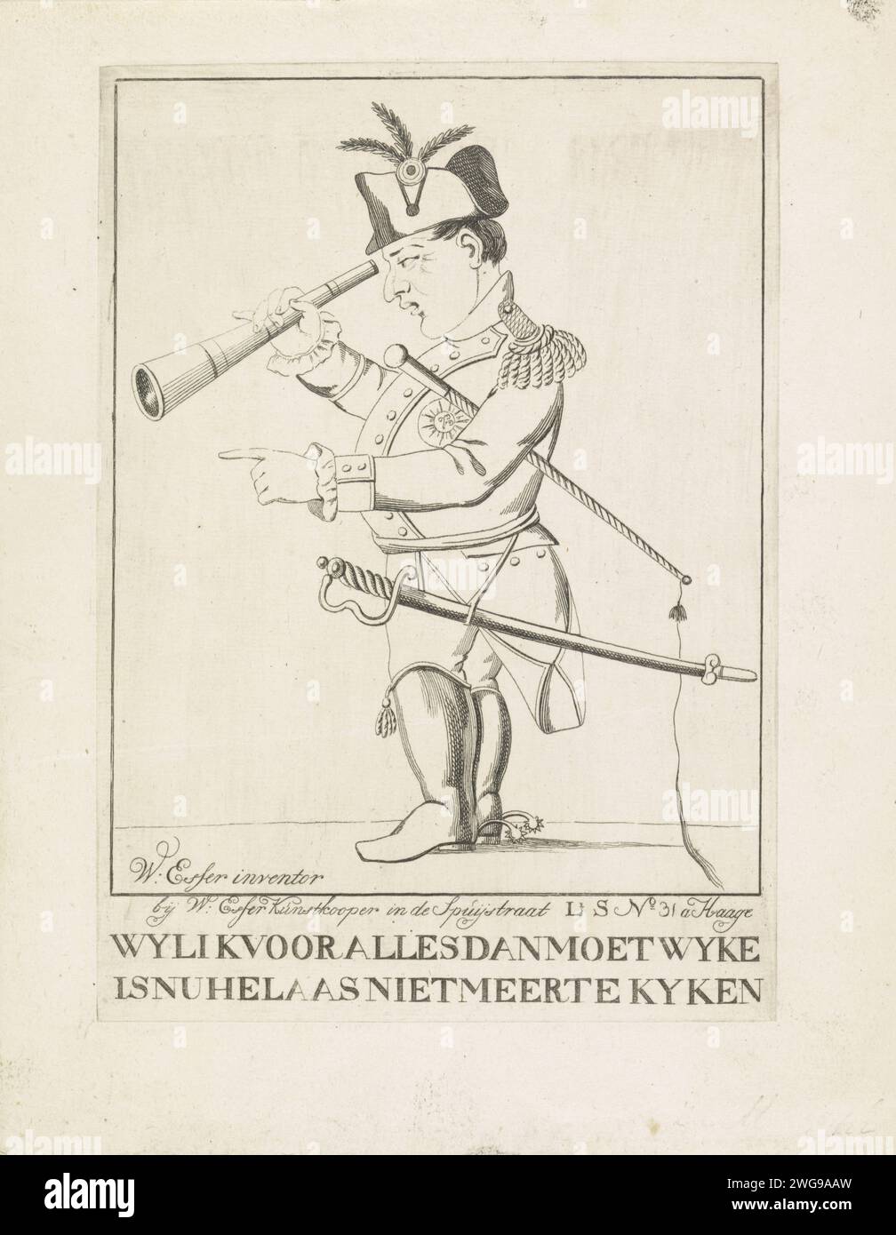 Cartoni sull'esilio di Napoleone all'Elba, 1814, Wijnand Esser, 1814 stampa Cartoon sull'esilio di Napoleone all'Elba, maggio 1814. Napoleone in piedi di profilo a sinistra, guardando attraverso il binocolo. Telescopio per incisione/incisione su carta dell'Aia Elba Foto Stock