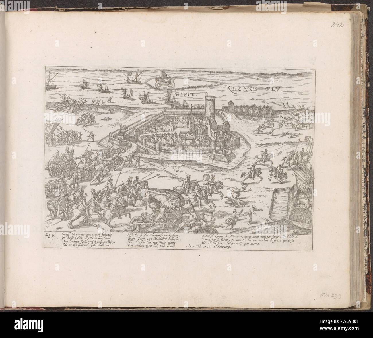 Rheinberg passa agli spagnoli, 1590, 1590 - 1592 stampa Rheinberg viene trasferito agli spagnoli, il 3 febbraio 1590. Episodio della guerra Keulse. Con didascalia di 8 linee in tedesco e 3 linee in francese. Numerato in basso a sinistra: 259. La stampa fa parte di un album. Carta di Colonia incide la cattura della città (dopo l'assedio) di Rijnberg Foto Stock