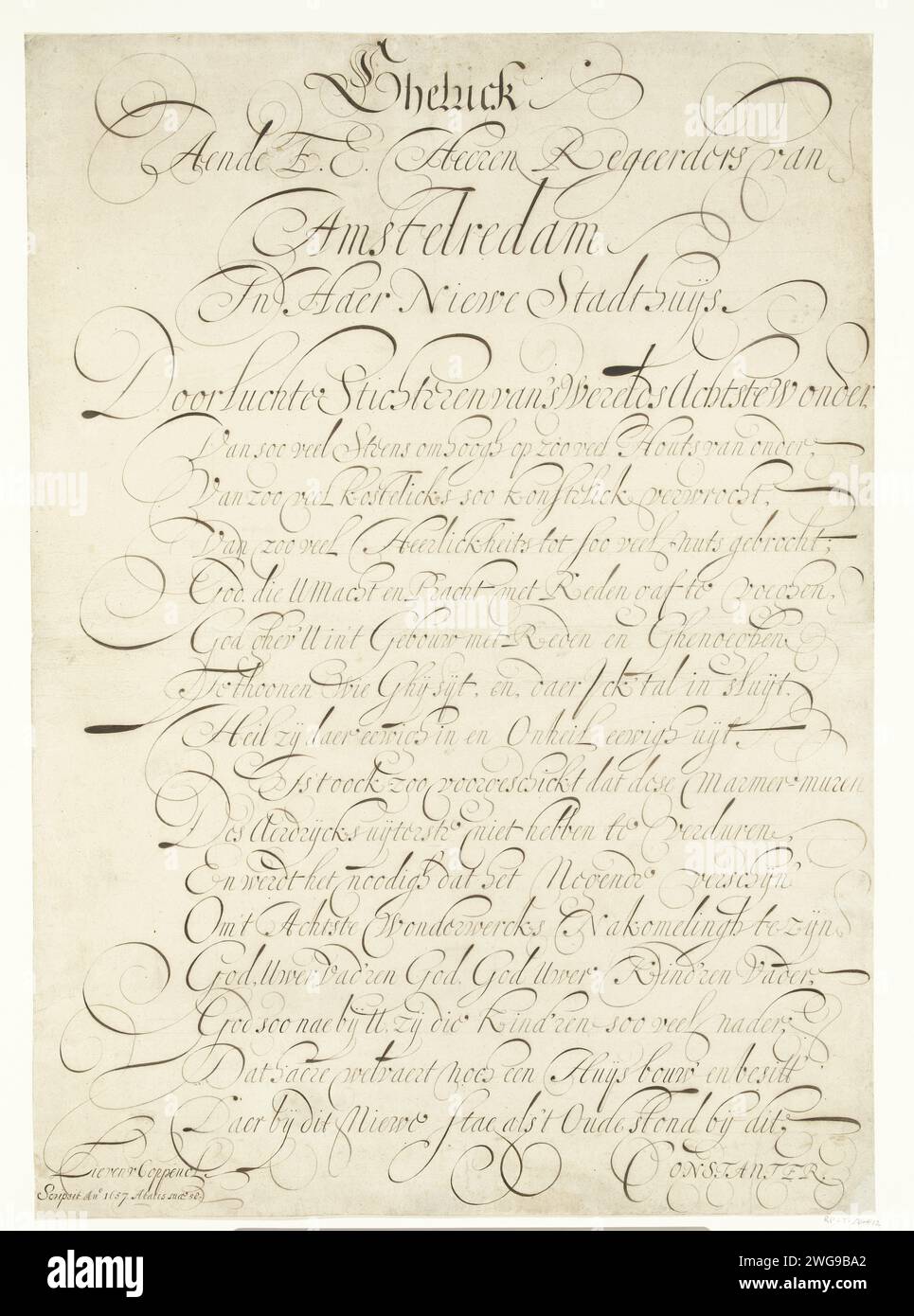 Scrittura calligrafica dedicata al consiglio comunale di Amsterdam in occasione del nuovo municipio, Lieven Willemsz. Coppenol, 1657 fogli. penna a inchiostro municipale. Calligrafia Municipio di Amsterdam (1655-1808). Amsterdam Foto Stock