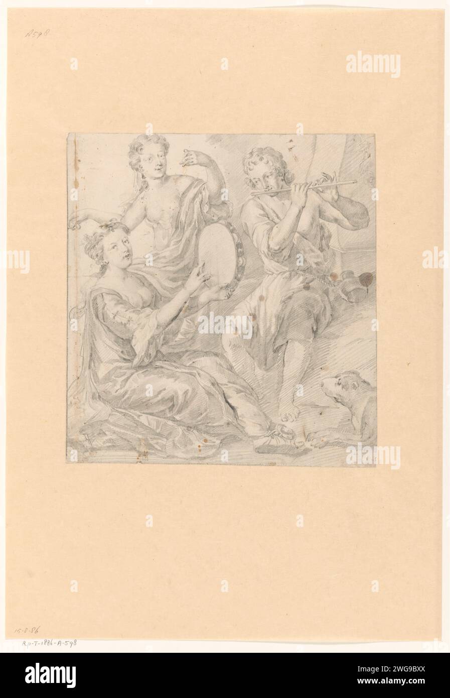 Music Company, Gerard Hoet (i), 1658 - 1733 carta da disegno. matita più di un musicista con strumento. flauto, aulos, tibia. tambourine. clappers, castanets Foto Stock