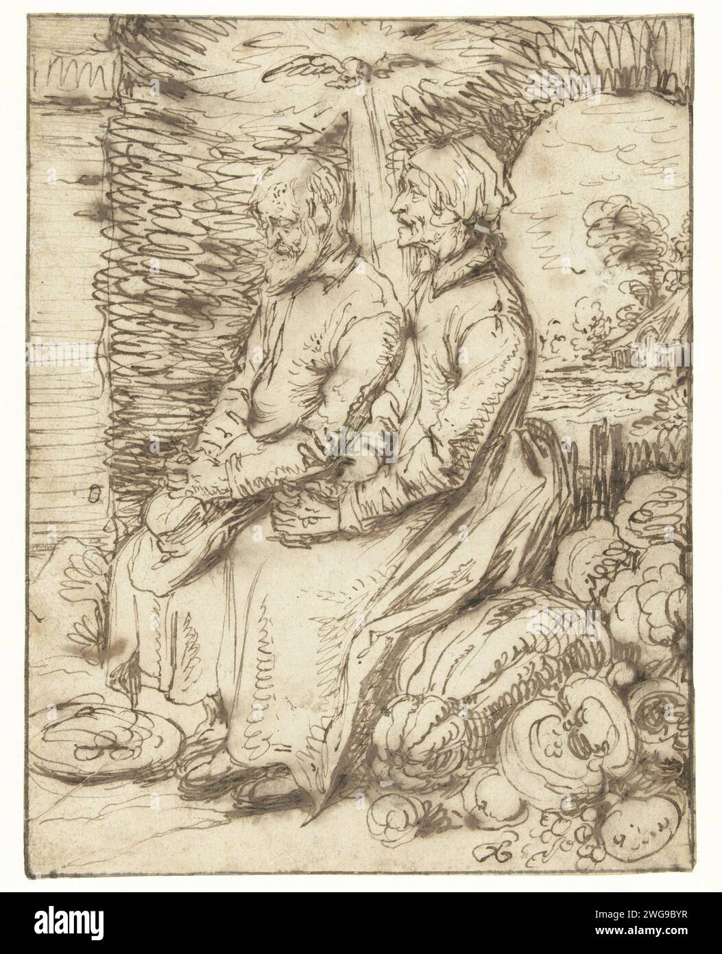 VREDSAMICH PAER, Jacques de Gheyn (II), 1605 - 1615 disegnando un vecchio contadino e sua moglie seduto in profondità nella preghiera per i frutti del loro duro lavoro. Sopra di loro galleggia il piccione dello Spirito Santo. A destra un cancello, una fattoria. Progettare una stampa. carta. Penna a inchiostro (personificazioni di) "Vanitas", la vanità della vita umana; fragilità Humana, fugace di dimensioni e di gloria mondiale, meditazione della morte, lavoro vano, piacere vano, gloria, vanita (Ripa). Old Age, 'Senectus'; 'Oldness' (Ripa). Santo Spirito Reprified as a Where (in Flames). Mani piegate con Fingers Knit Foto Stock