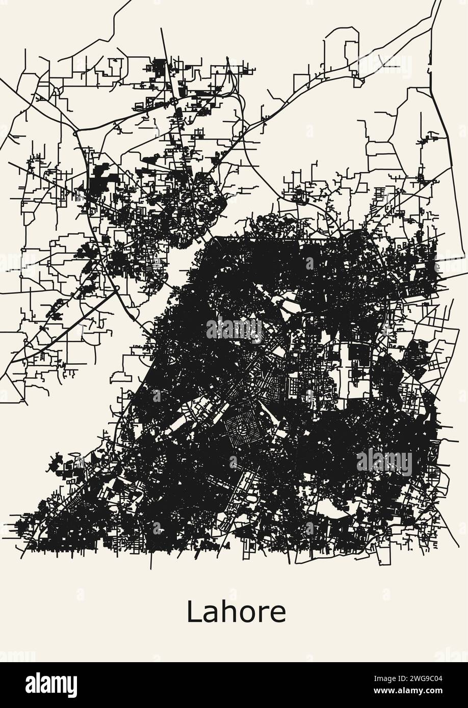 Mappa stradale della città di Lahore, Punjab, Pakistan Illustrazione Vettoriale