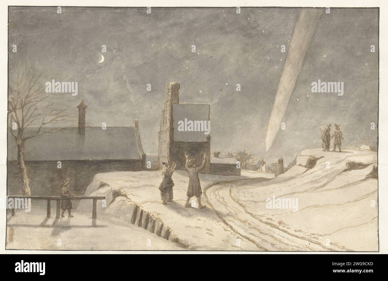 Stella della coda sopra Alkmaar, 1681, Lambert Doomer, 1681 disegno paesaggio notturno con la grande cometa (stella della coda) vista in un campo fuori dal Geesterpoort ad Alkmaar nel gennaio 1681. Alcuni osservatori portano i poveri in paradiso. Carta dei Paesi Bassi del Nord. inchiostro. Penna a gesso/pennello cometa Alkmaar Foto Stock