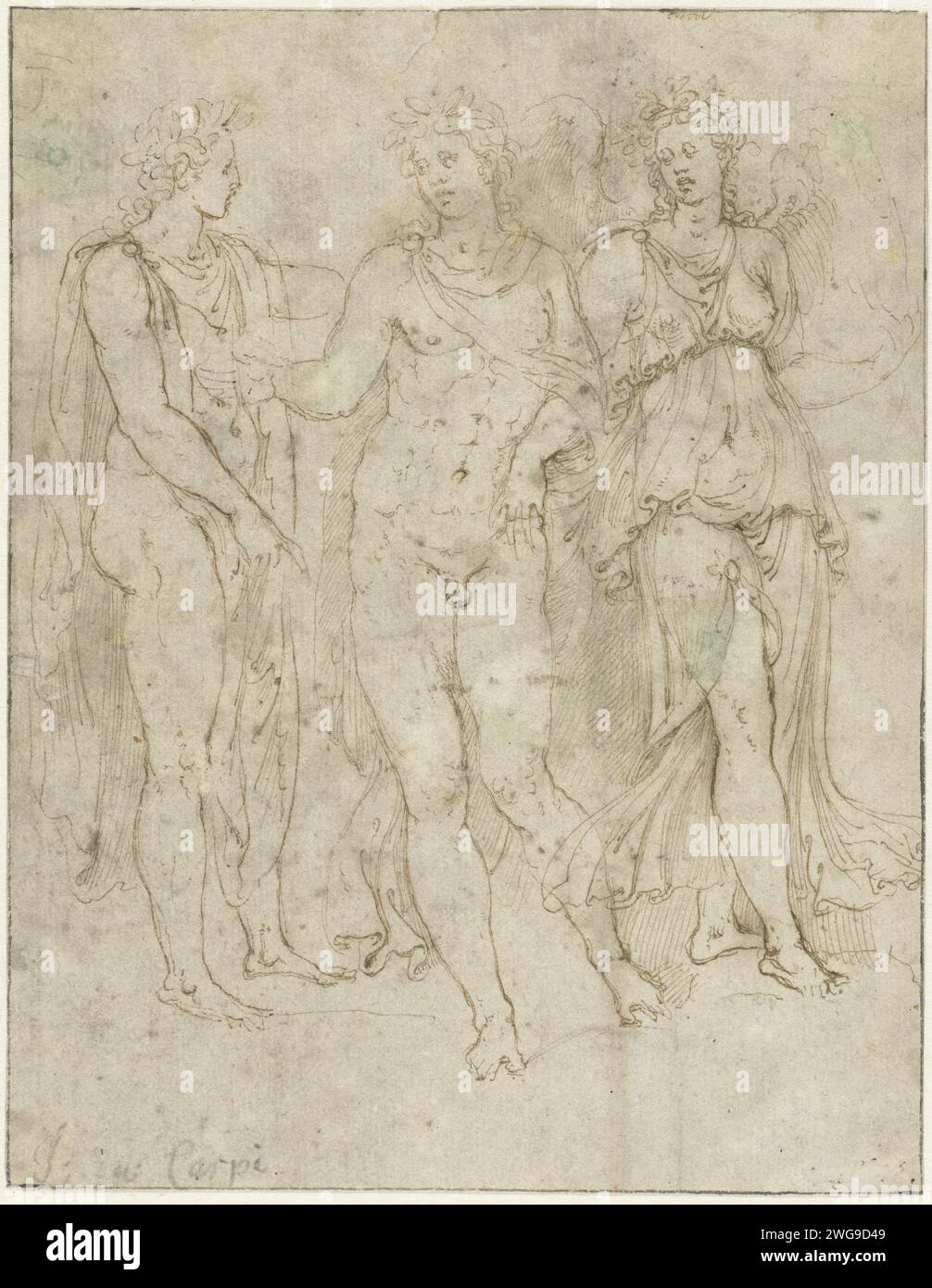 Victoria conduce un uomo acclamato lontano da un amico, Girolamo da Carpi, 1549 - 1553 carta da disegno. penna a inchiostro Foto Stock