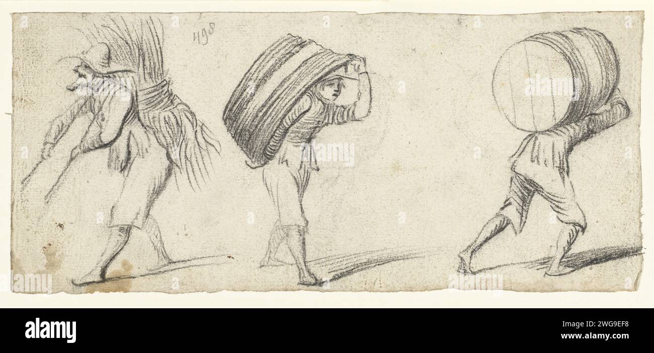 Foglio di studio con tre uomini che indossano merci, 1650 disegnare l'uomo a sinistra porta una foresta di ramificati sulla schiena, l'uomo al centro una grande vasca e l'uomo a destra una tonnellata. Carta Zwolle. gesso Foto Stock