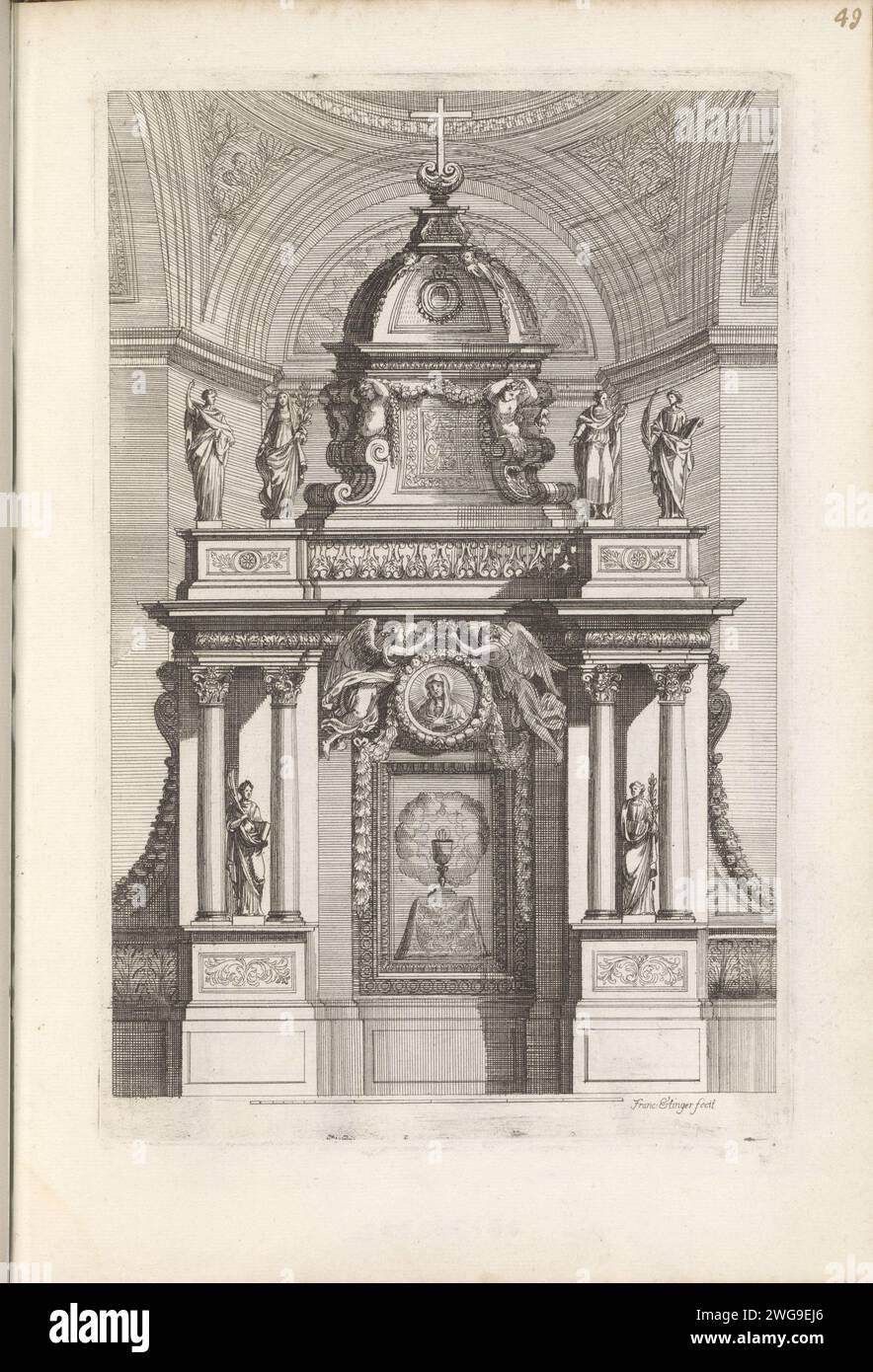 Tabernacolo a forma di arco trionfale, c. 1658 - 1678 stampa tabernacolo a forma di arco trionfale con quattro immagini in cima. La stampa fa parte di un album. Calice per incidere la carta di Anversa che reca l'host. tabernacolo  altare Foto Stock