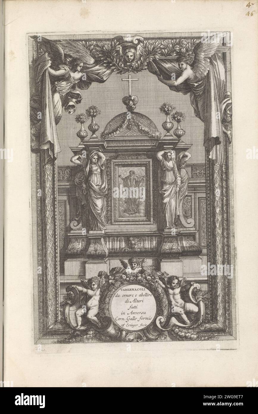 Tabernacolo con un dipinto di Ascensione, c. 1658 - 1678 stampa Tabernacolo con un dipinto del giorno dell'Ascensione fiancheggiato da carativi. La stampa fa parte di un album. Carta di Anversa che incide Cristo in alto nel cielo  Ascensione. tabernacolo  altare. calice che porta l'host Foto Stock