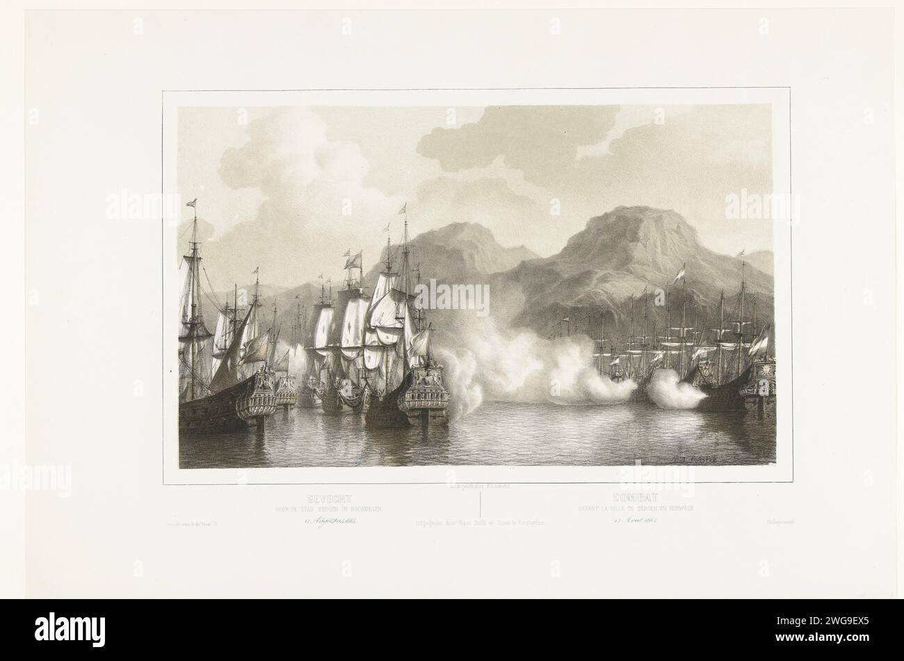 Battaglia marittima vicino Bergen, 1665, 1848 - 1855 stampa Battaglia di Bergen (Norvegia), 10 agosto 1665. Attacco della flotta inglese alla flotta mercantile olandese situata nel porto neutrale di Bergen in Norvegia. Tipografia: Netherlandspublisher: Amsterdam paper Battle (+ forza navale) Bergen Foto Stock