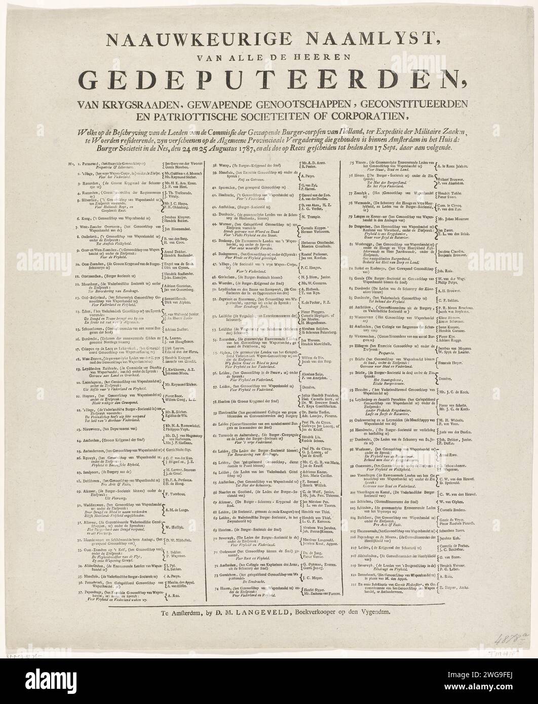 Elenco dei deputati presenti alla riunione di Amsterdam del 1787, Dirk Meland Langeveld, 1787 scheda di testo elenco dei deputati delle società patriotse e Sociëteiten presenti alla riunione provinciale generale tenutasi ad Amsterdam il 24 e 25 agosto 1787. Amsterdam carta da lettera stampa Amsterdam Foto Stock