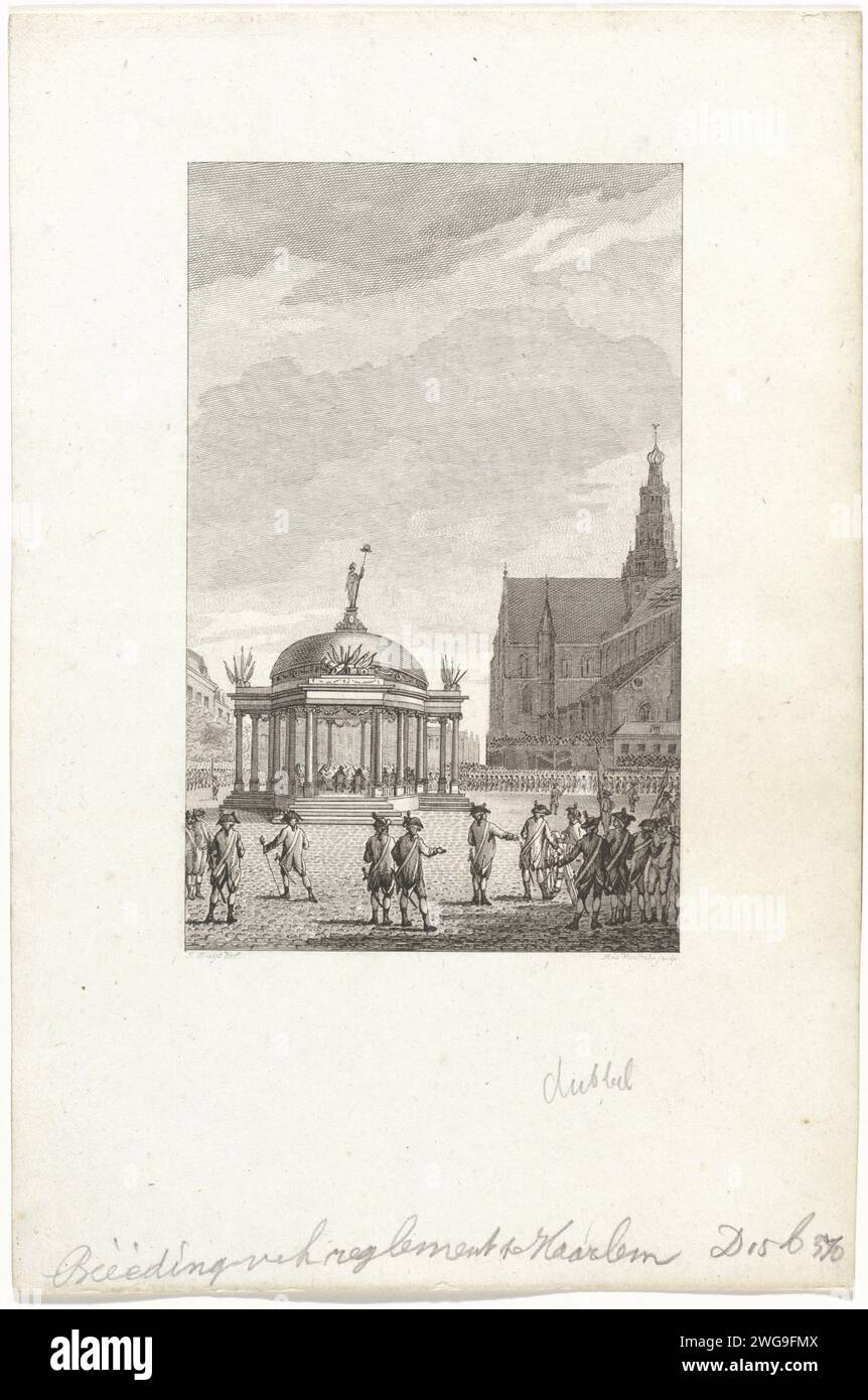 Giurata nel regolamento governativo di Haarlem, 1787, Reinier Vinkeles (i), dopo Jacobus Buys, 1795 stampa solenne cerimonia con il giuramento nel nuovo regolamento governativo fondato in un tempio sul Grote Markt di Haarlem, 5 settembre 1787. Gli arcieri sono sistemati intorno alla piazza. Guerra incisione/incisione di carta di Amsterdam; affari militari (+ soldati cittadini, guardie civili, milizie civili). Proclamazione di un nuovo grande mercato governativo. Sint-Bavokerk Foto Stock